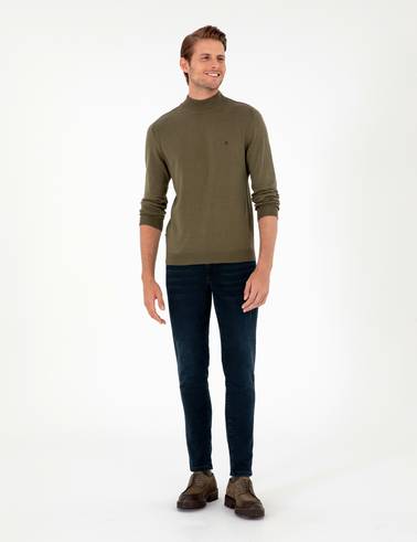 Koyu Haki Slim Fit Yarım Balıkçı Yaka Basic Triko Kazak