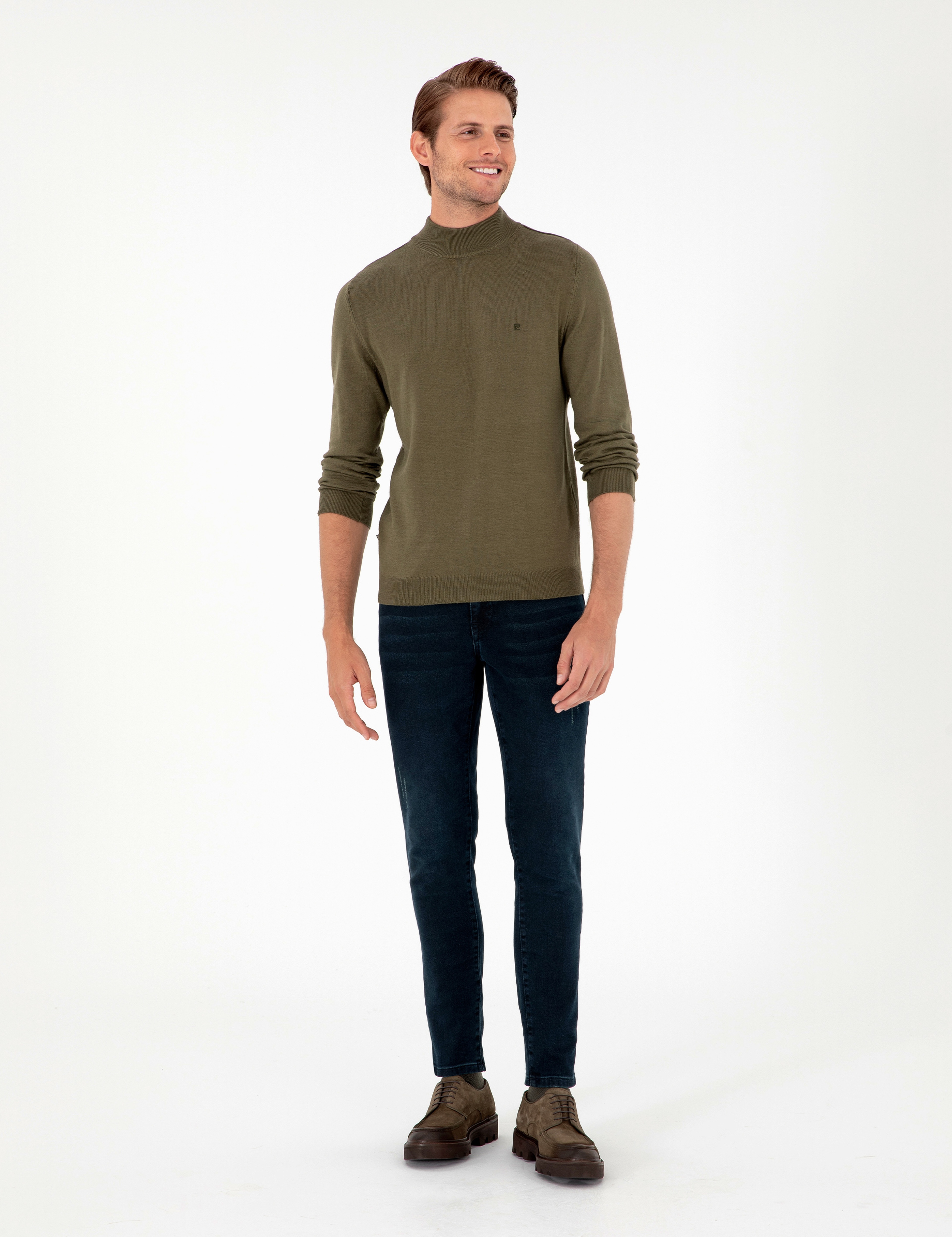 Koyu Haki Slim Fit Yarım Balıkçı Yaka Basic Triko Kazak - Image 4