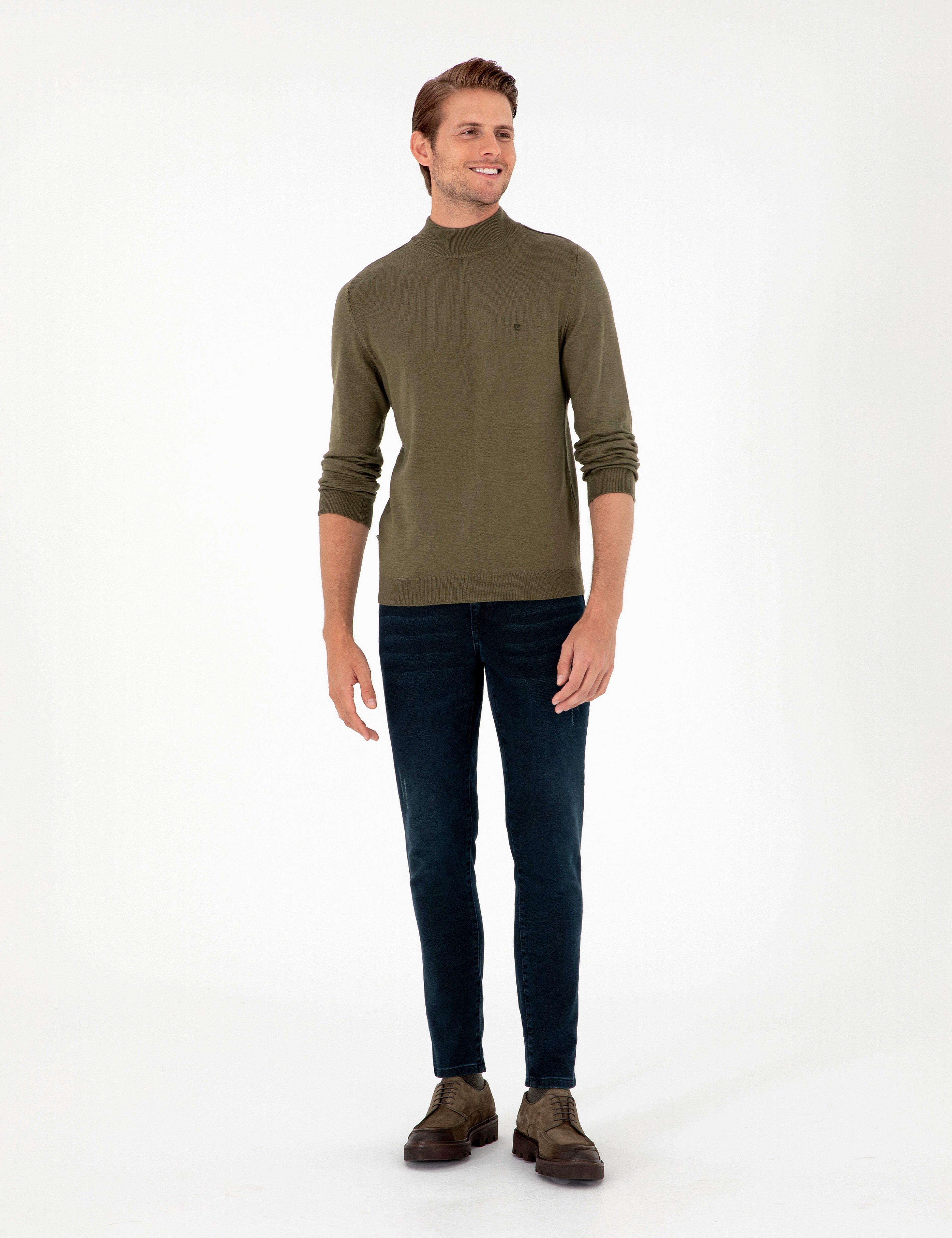 Koyu Haki Slim Fit Yarım Balıkçı Yaka Basic Triko Kazak