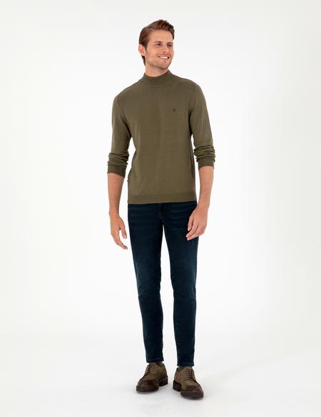 Koyu Haki Slim Fit Yarım Balıkçı Yaka Basic Triko Kazak - 50296614077