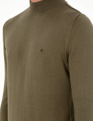 Koyu Haki Slim Fit Yarım Balıkçı Yaka Basic Triko Kazak