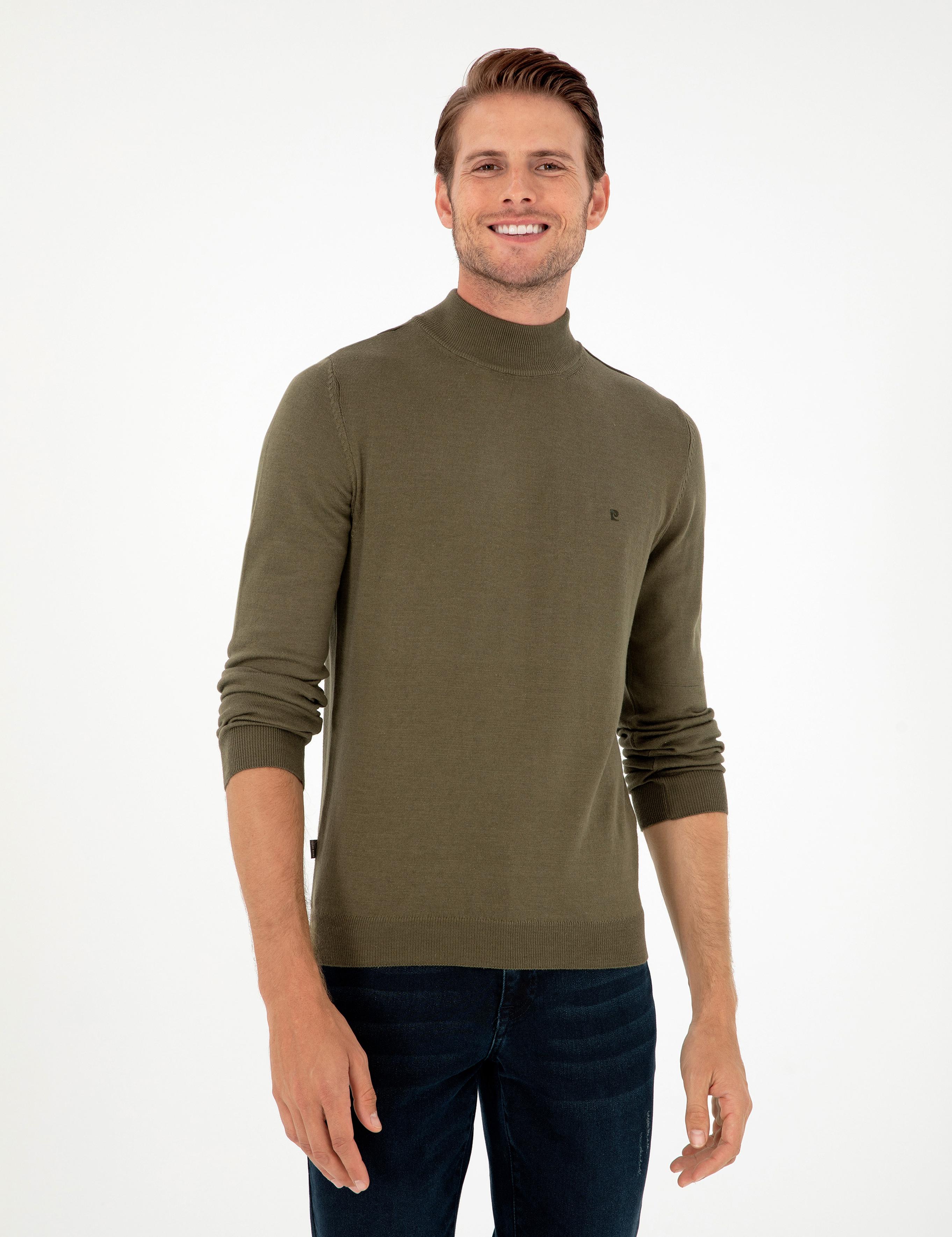 Koyu Haki Slim Fit Yarım Balıkçı Yaka Basic Triko Kazak