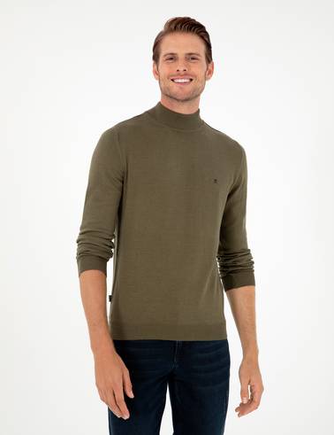 Koyu Haki Slim Fit Yarım Balıkçı Yaka Basic Triko Kazak
