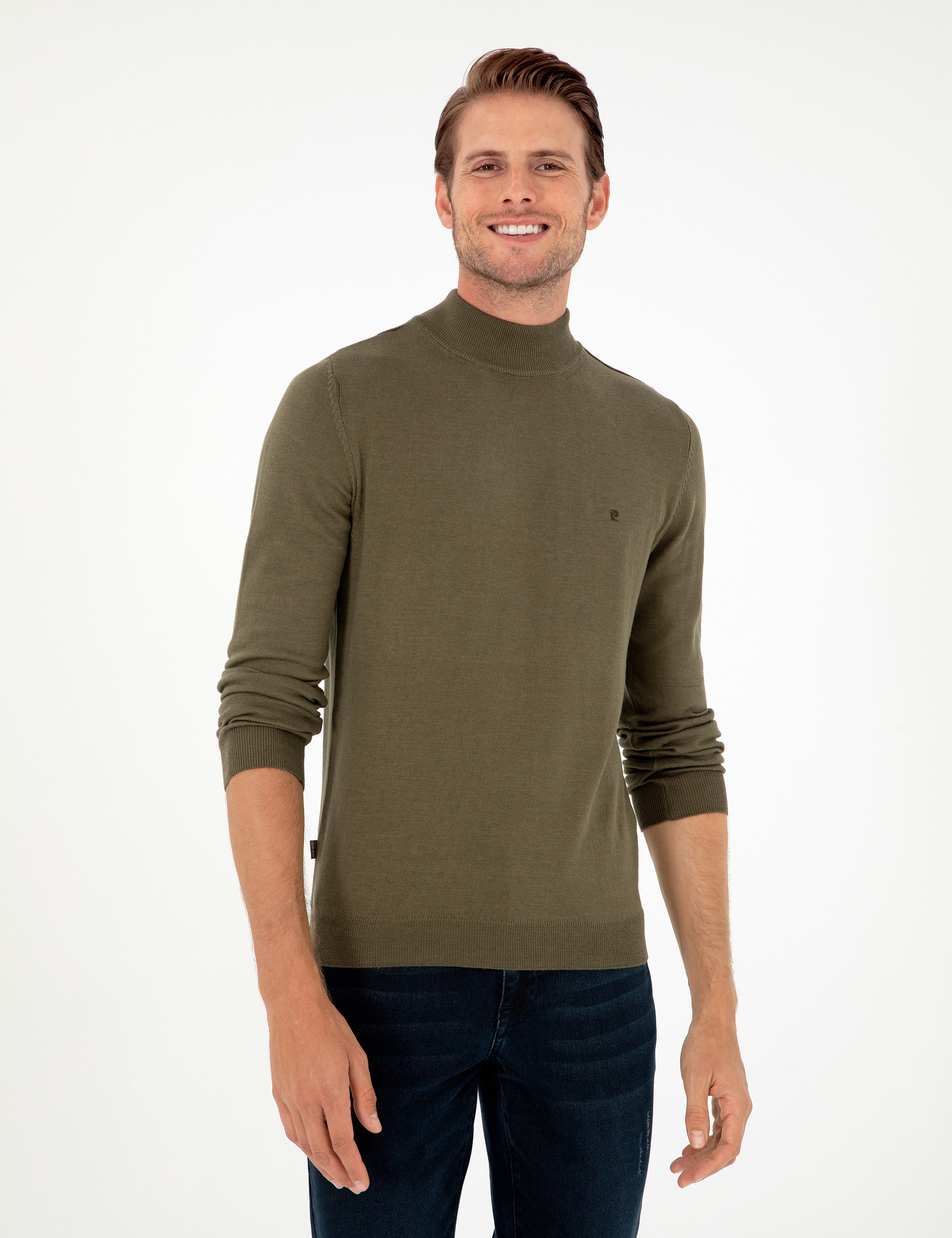 Koyu Haki Slim Fit Yarım Balıkçı Yaka Basic Triko Kazak - Image 3