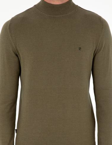 Koyu Haki Slim Fit Yarım Balıkçı Yaka Basic Triko Kazak