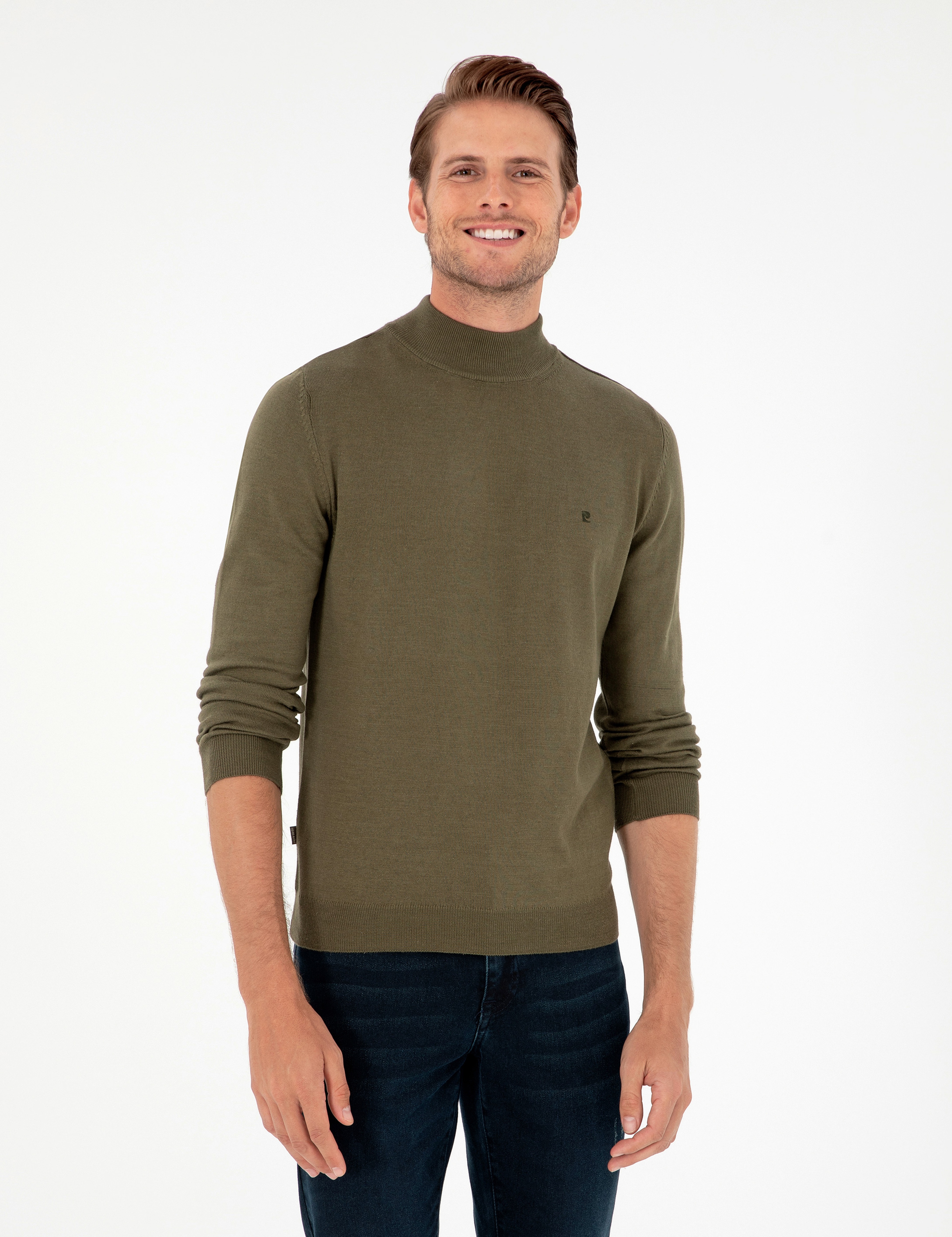 Koyu Haki Slim Fit Yarım Balıkçı Yaka Basic Triko Kazak - Image 1