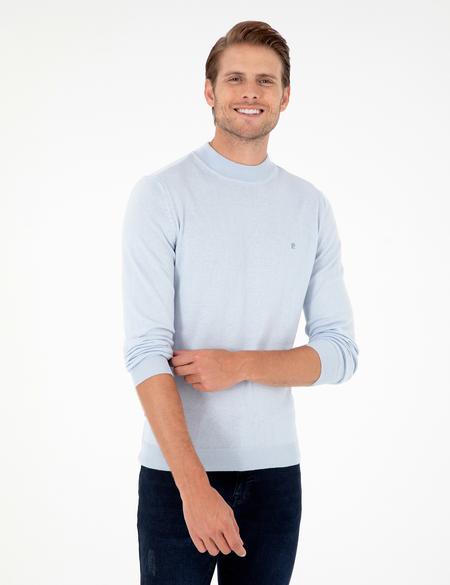 Açık Mavi Slim Fit Çeyrek Yaka Basic Triko Kazak - 50296613003