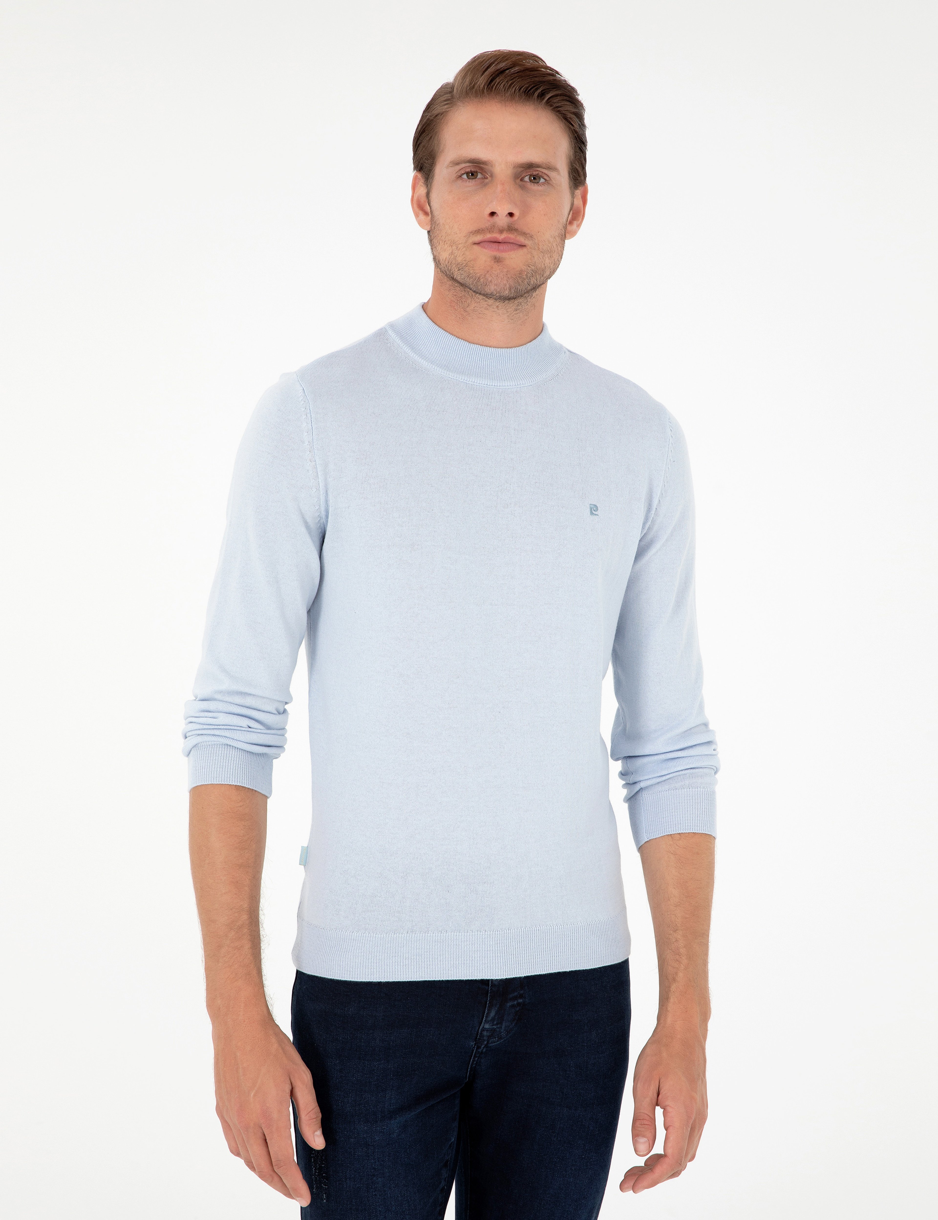 Açık Mavi Slim Fit Yarım Balıkçı Yaka Basic Triko Kazak