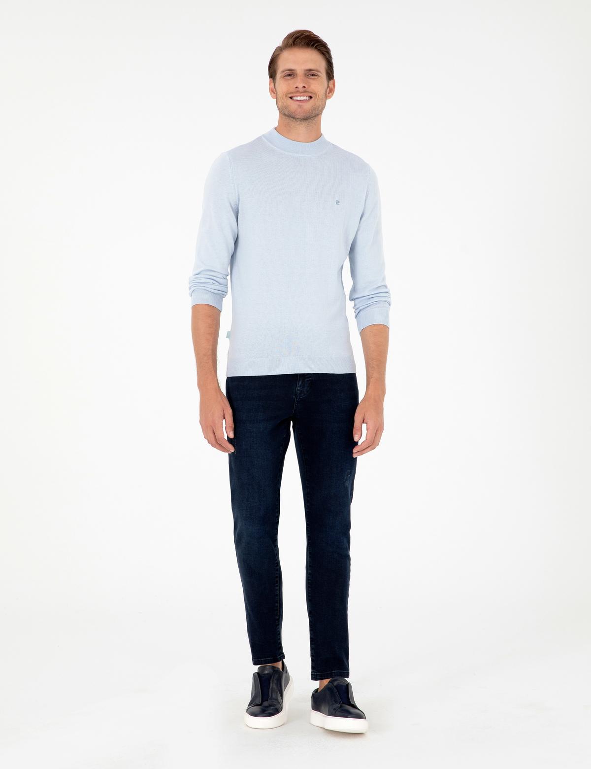 Açık Mavi Slim Fit Çeyrek Yaka Basic Triko Kazak - 50296613003