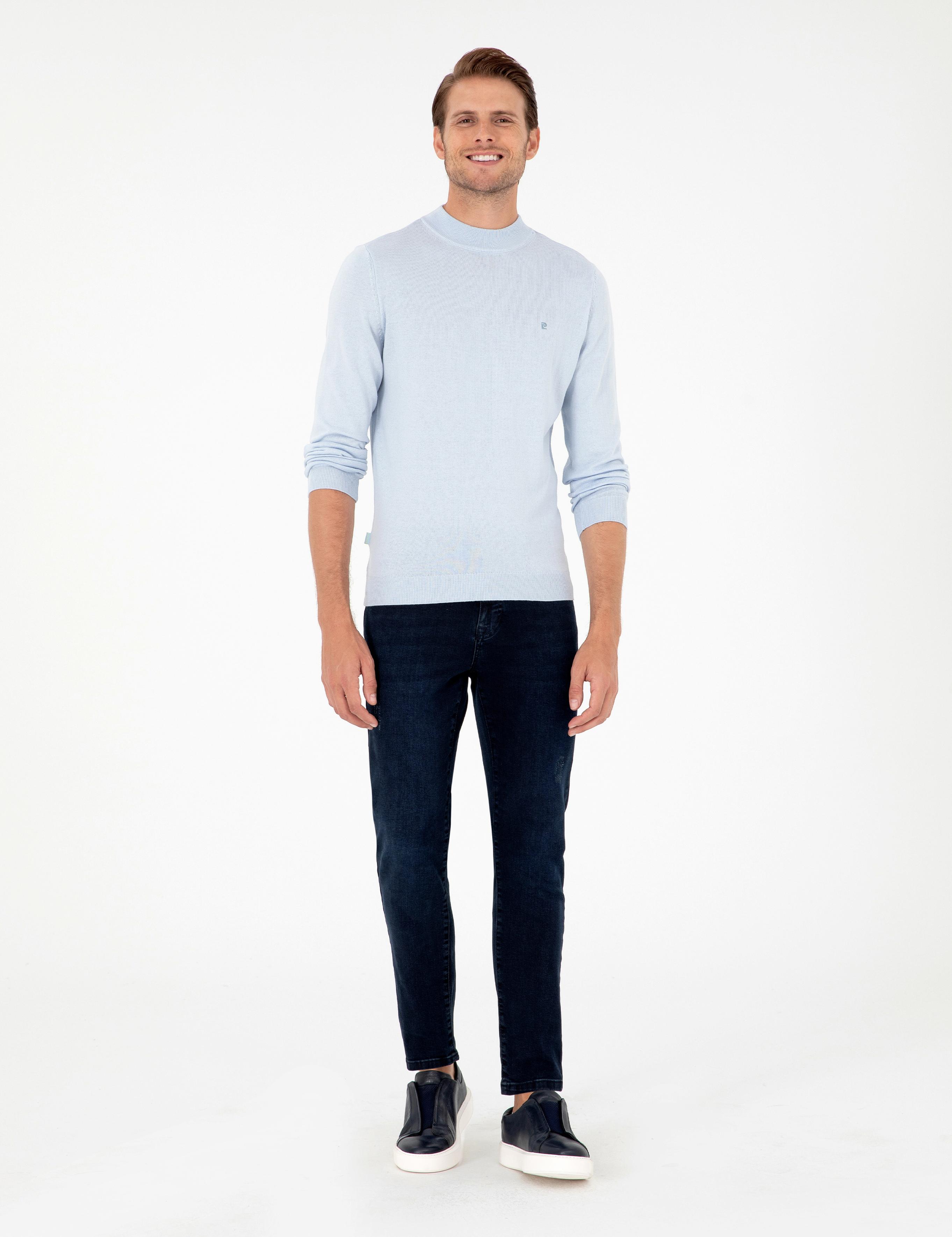 Açık Mavi Slim Fit Çeyrek Yaka Basic Triko Kazak