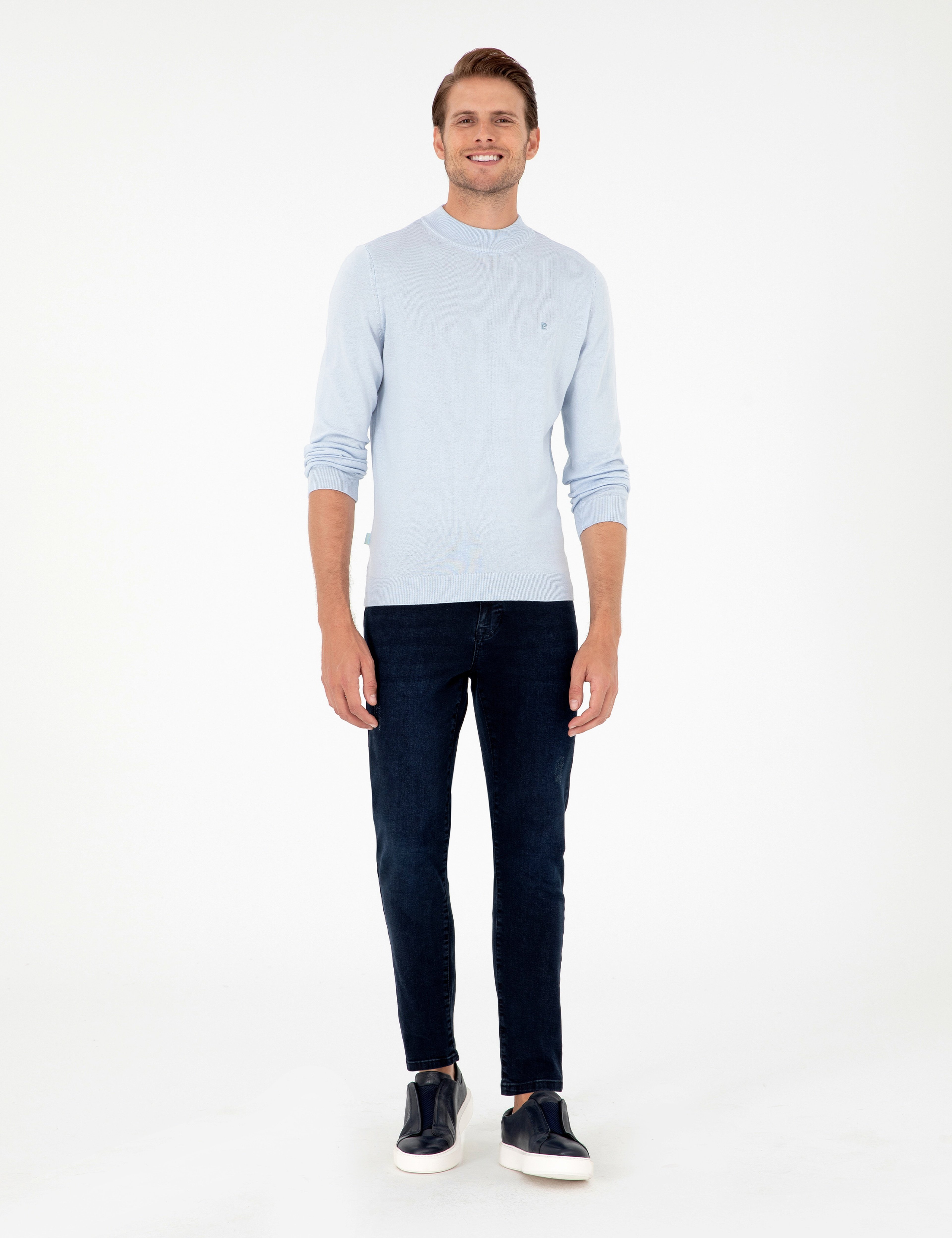 Açık Mavi Slim Fit Yarım Balıkçı Yaka Basic Triko Kazak - Image 4