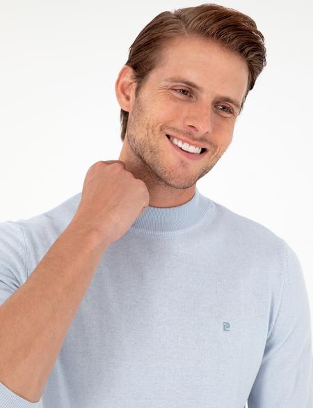 Açık Mavi Slim Fit Çeyrek Yaka Basic Triko Kazak - 50296613003