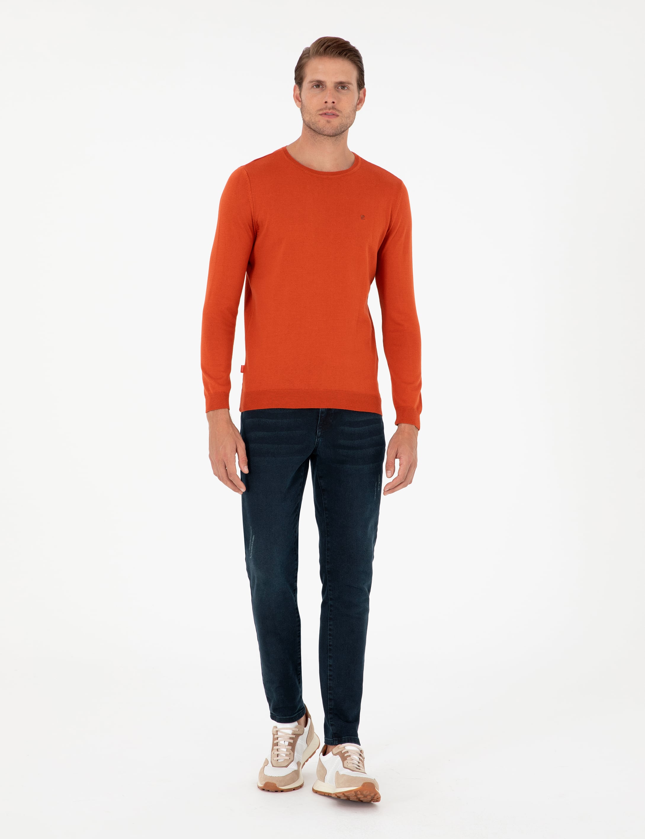 Turuncu Slim Fit Bisiklet Yaka Basic Triko Kazak