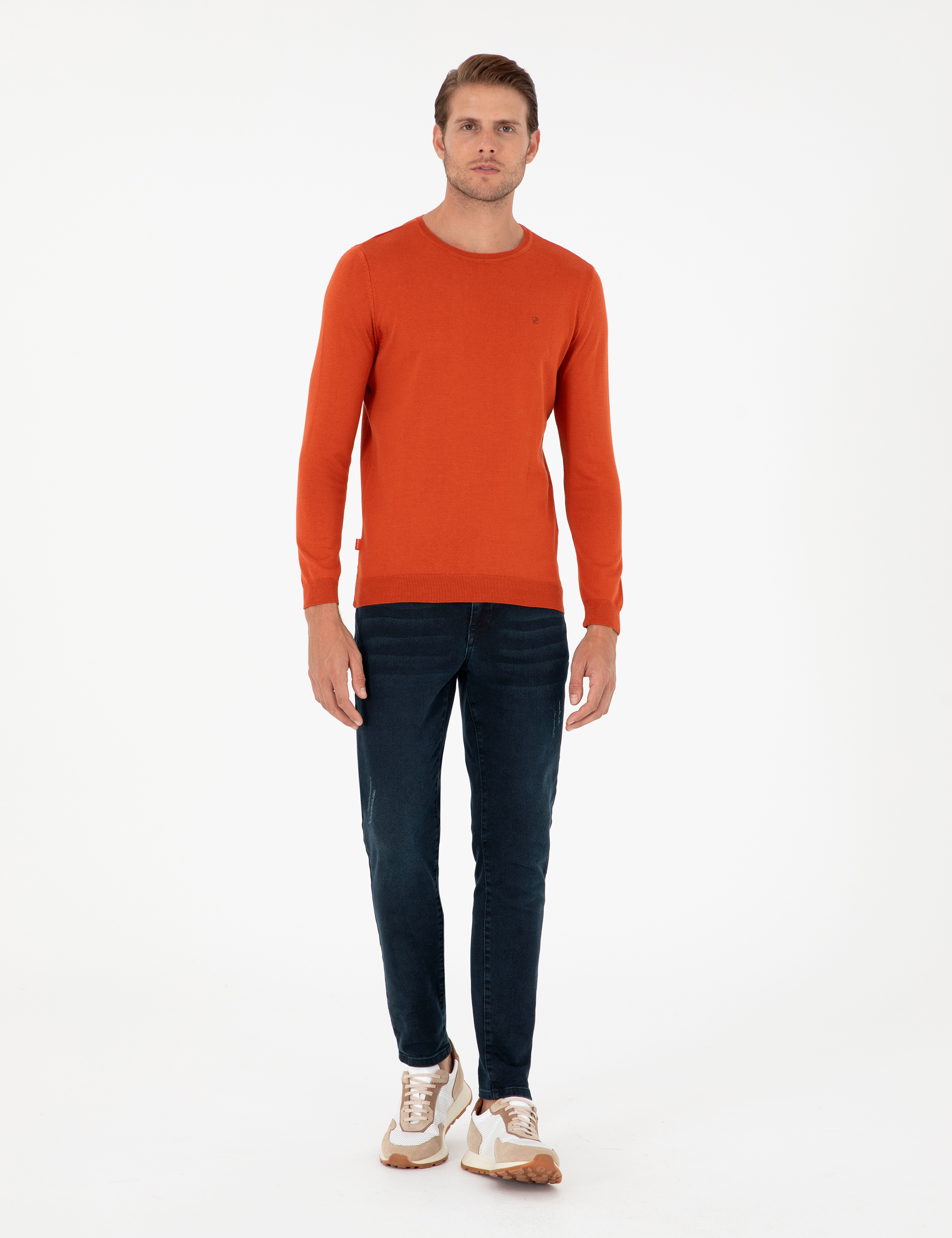 Turuncu Slim Fit Bisiklet Yaka Basic Triko Kazak
