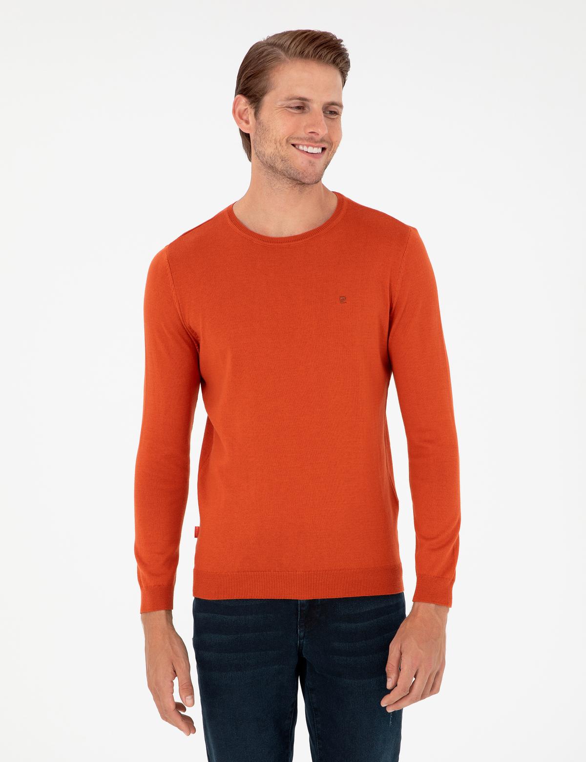 Turuncu Slim Fit Bisiklet Yaka Basic Triko Kazak