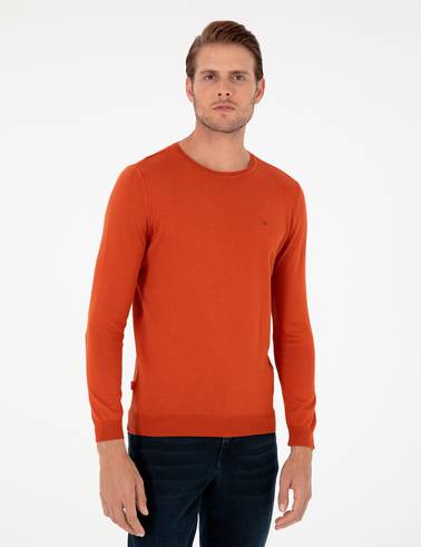 Turuncu Slim Fit Bisiklet Yaka Basic Triko Kazak