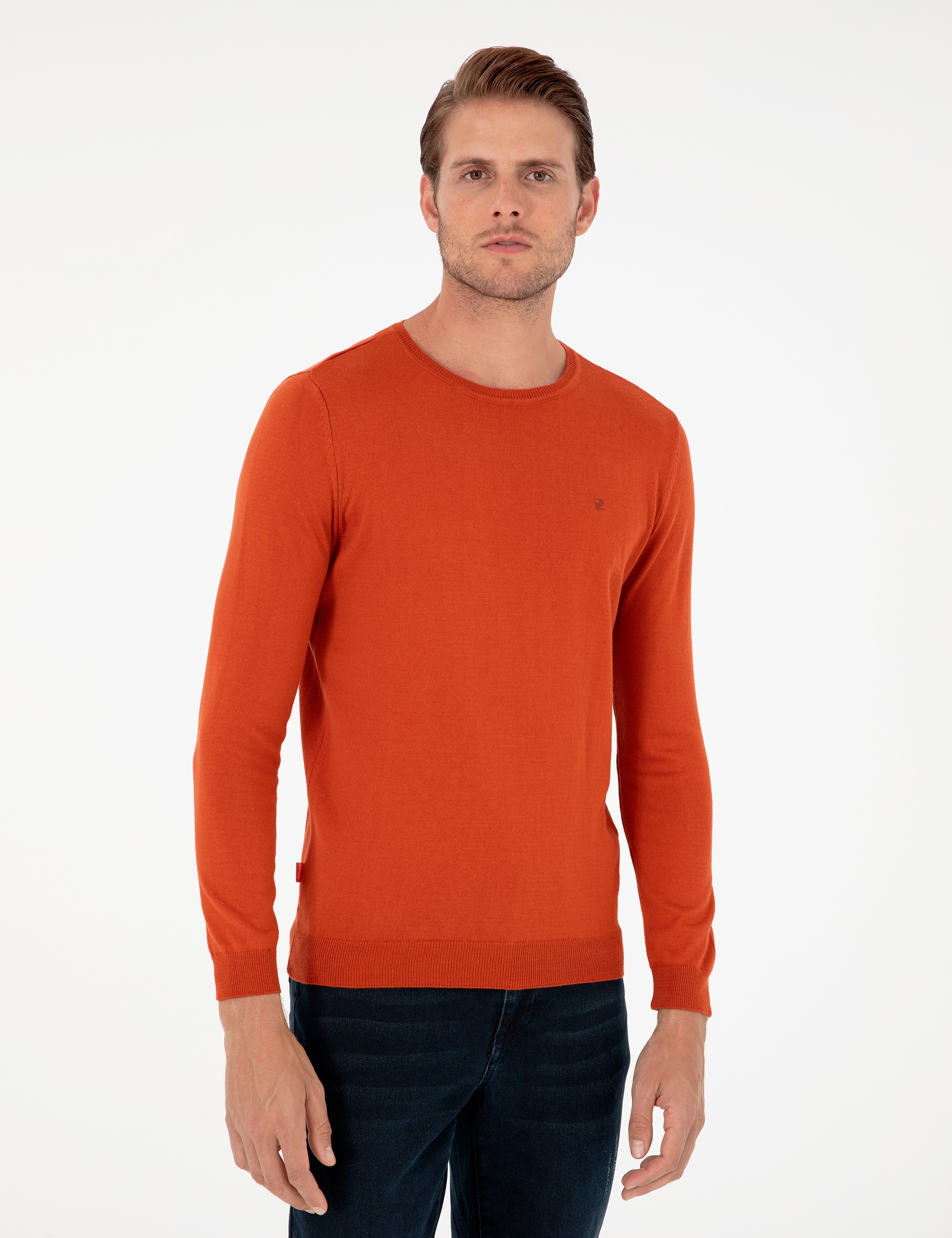 Turuncu Slim Fit Bisiklet Yaka Basic Triko Kazak - Image 3