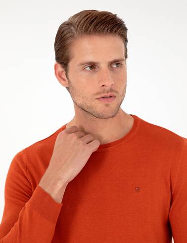 Turuncu Slim Fit Bisiklet Yaka Basic Triko Kazak