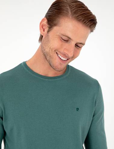 Yeşil Slim Fit Bisiklet Yaka Basic Triko Kazak