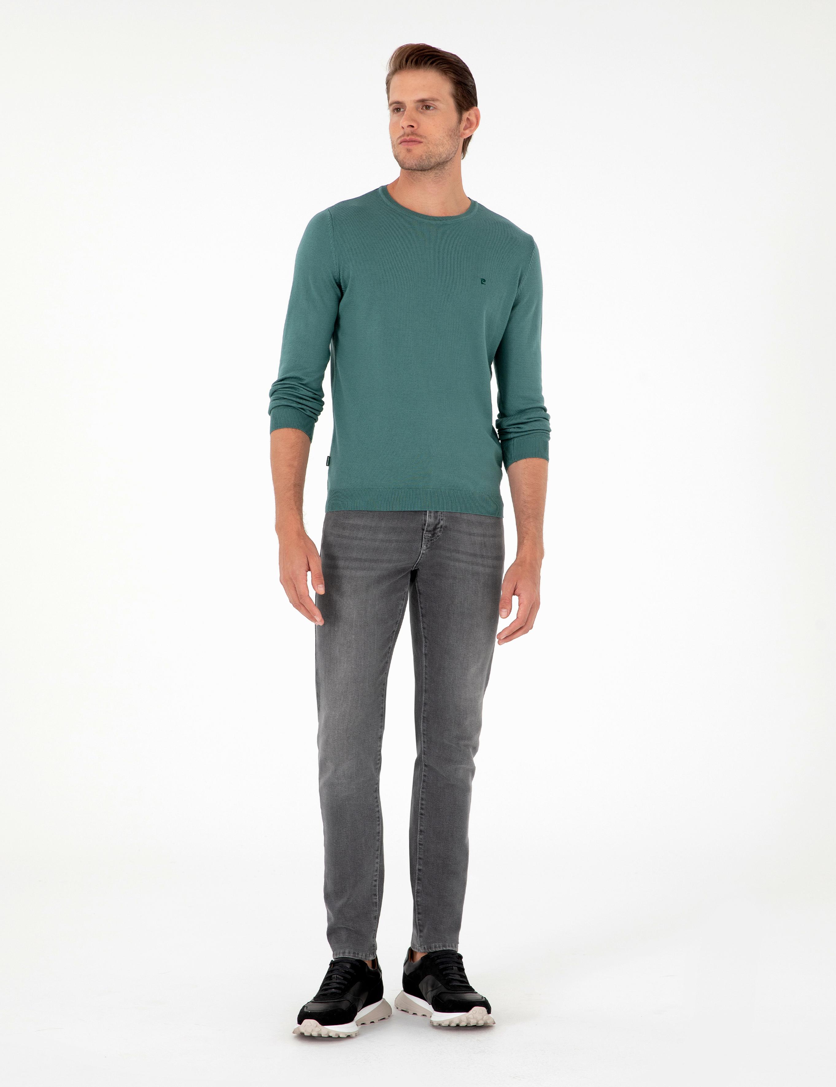 Yeşil Slim Fit Bisiklet Yaka Basic Triko Kazak