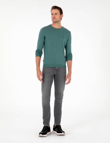 Yeşil Slim Fit Bisiklet Yaka Basic Triko Kazak
