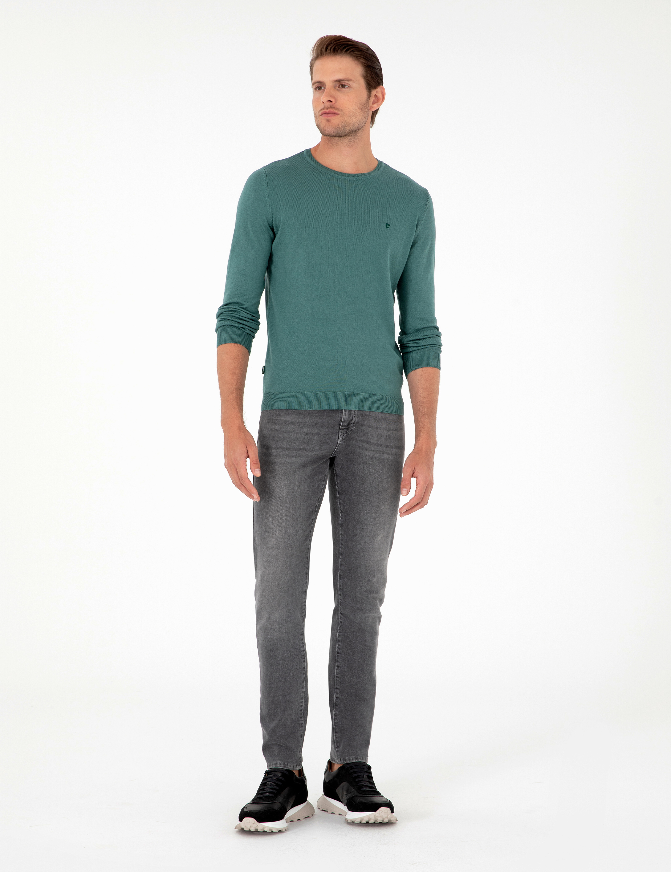 Yeşil Slim Fit Bisiklet Yaka Basic Triko Kazak - Image 4