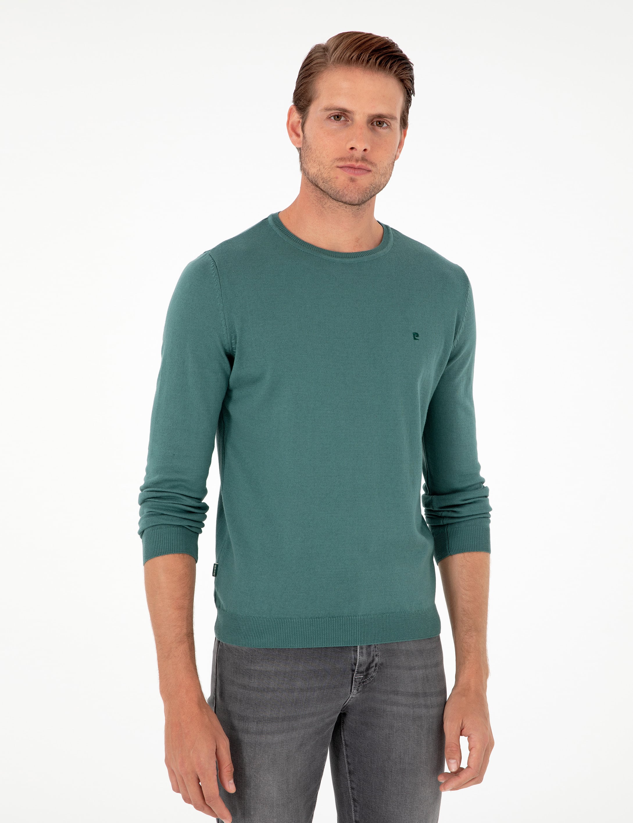 Yeşil Slim Fit Bisiklet Yaka Basic Triko Kazak - Image 3