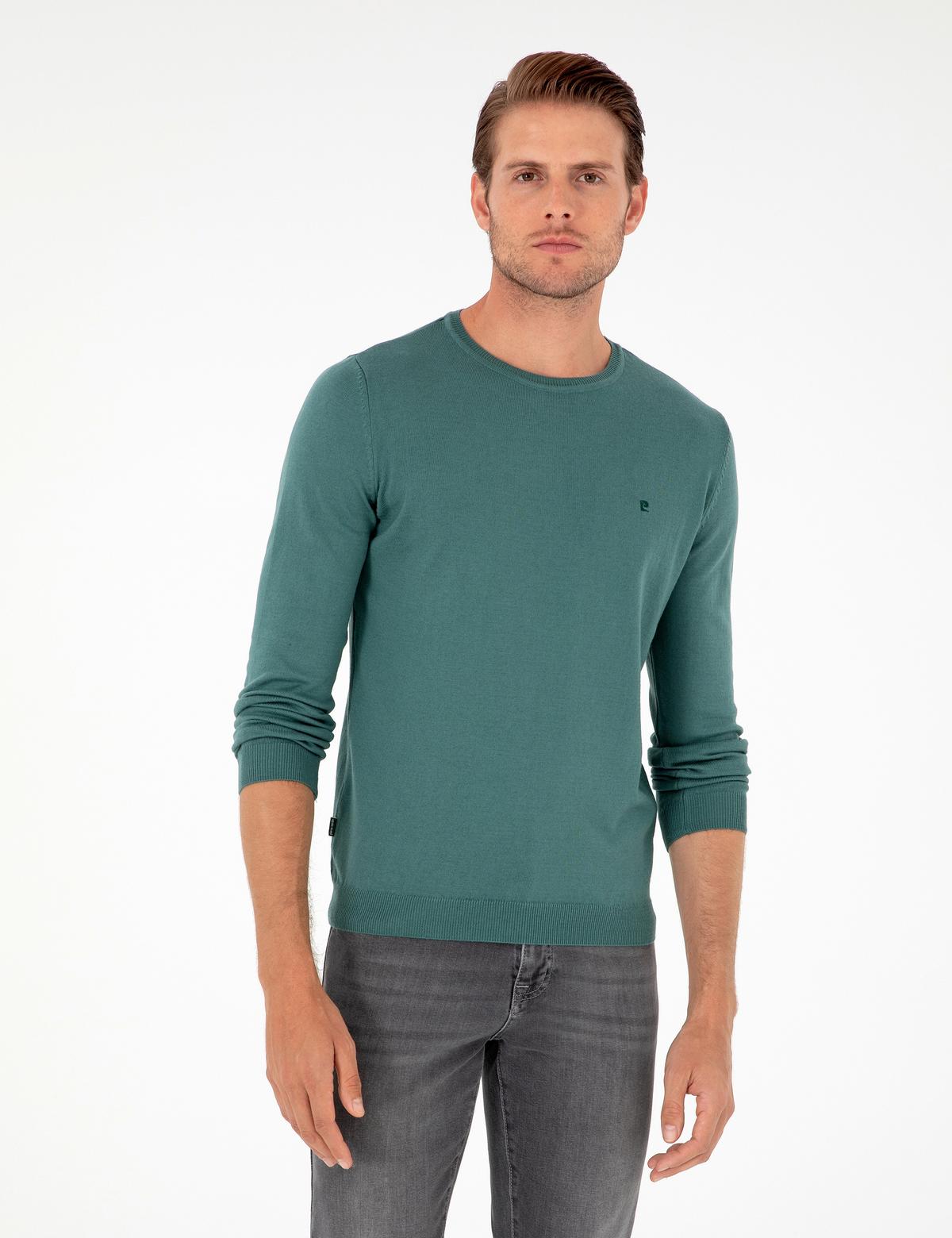 Yeşil Slim Fit Bisiklet Yaka Basic Triko Kazak