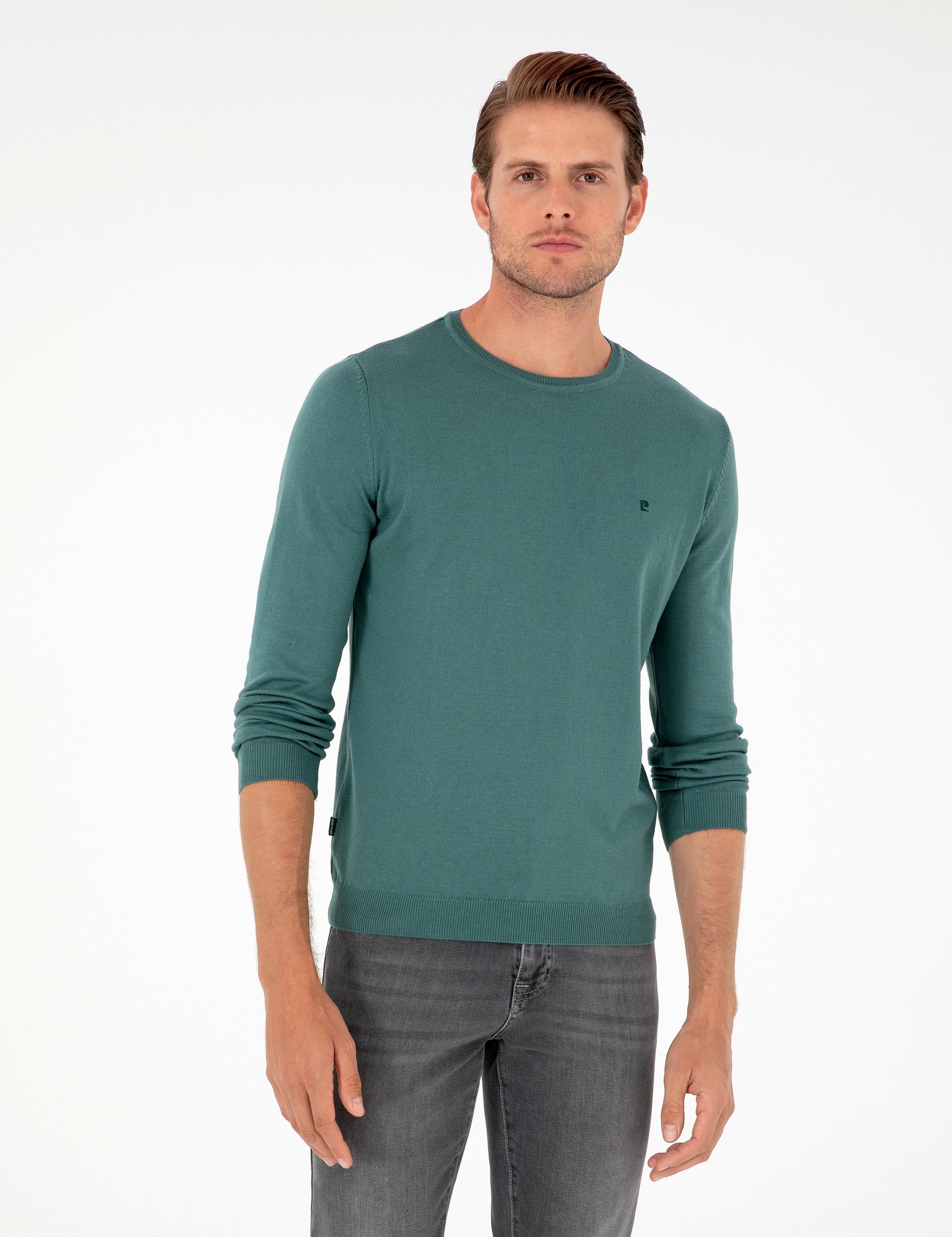 Yeşil Slim Fit Bisiklet Yaka Basic Triko Kazak