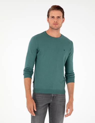 Yeşil Slim Fit Bisiklet Yaka Basic Triko Kazak