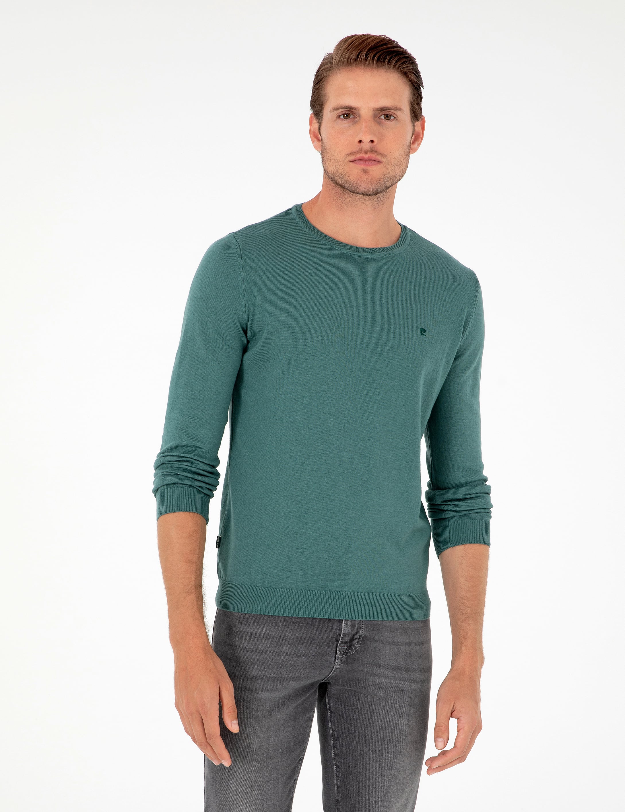 Yeşil Slim Fit Bisiklet Yaka Basic Triko Kazak