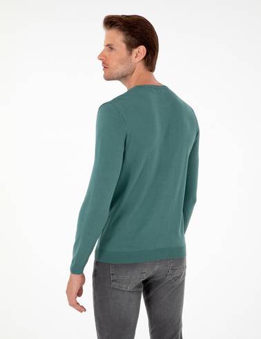 Yeşil Slim Fit Bisiklet Yaka Basic Triko Kazak
