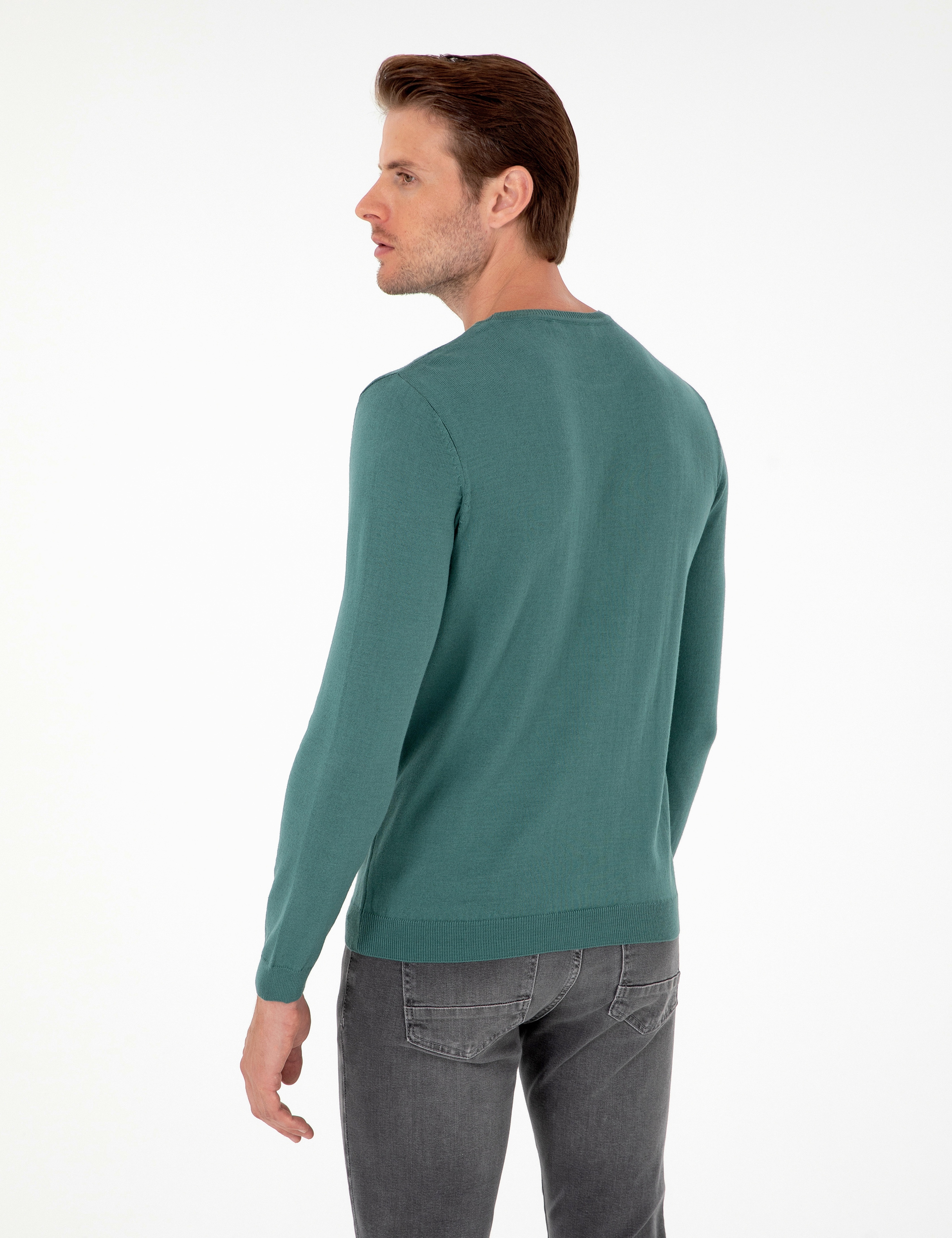 Yeşil Slim Fit Bisiklet Yaka Basic Triko Kazak - Image 5