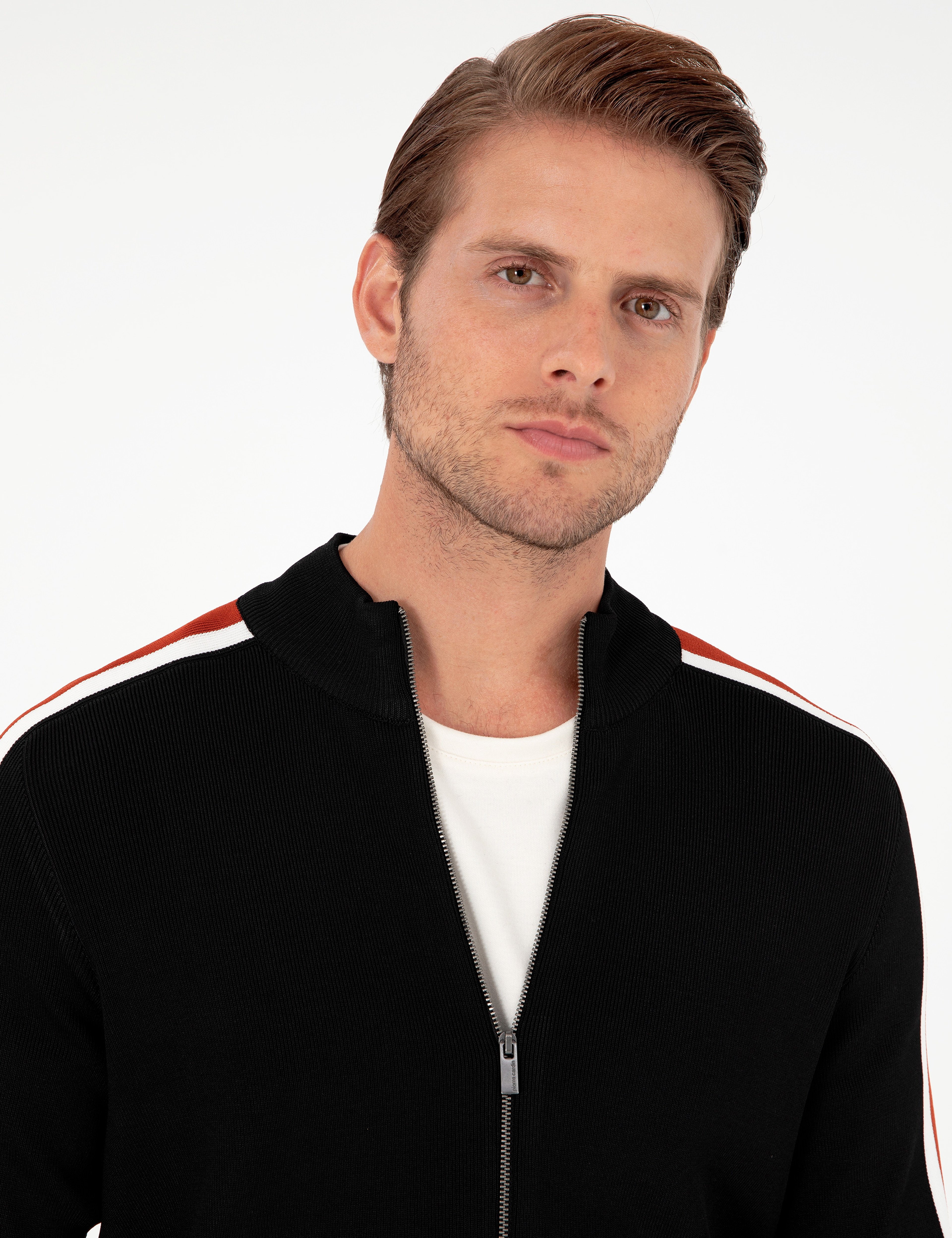 Siyah Slim Fit Yün Karışımlı Fermuarlı Triko Hırka - Image 2