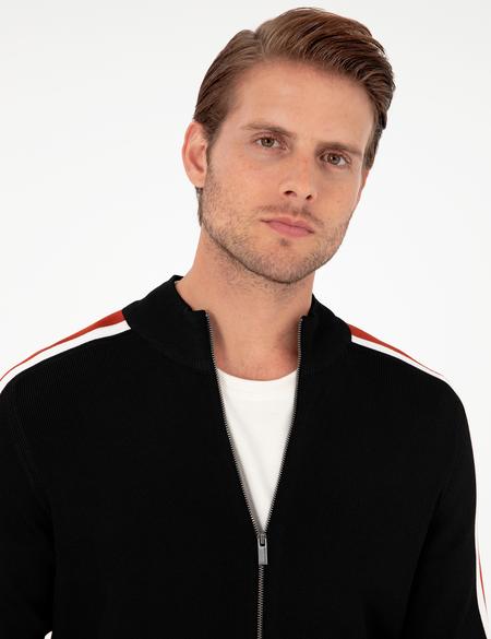 Siyah Slim Fit Yün Karışımlı Fermuarlı Triko Hırka - 50296447017
