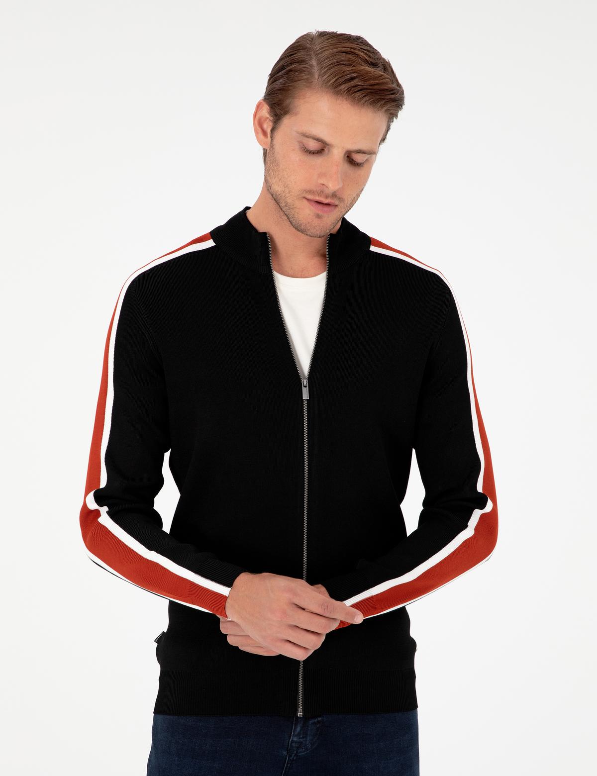 Siyah Slim Fit Yün Karışımlı Fermuarlı Triko Hırka - 50296447017