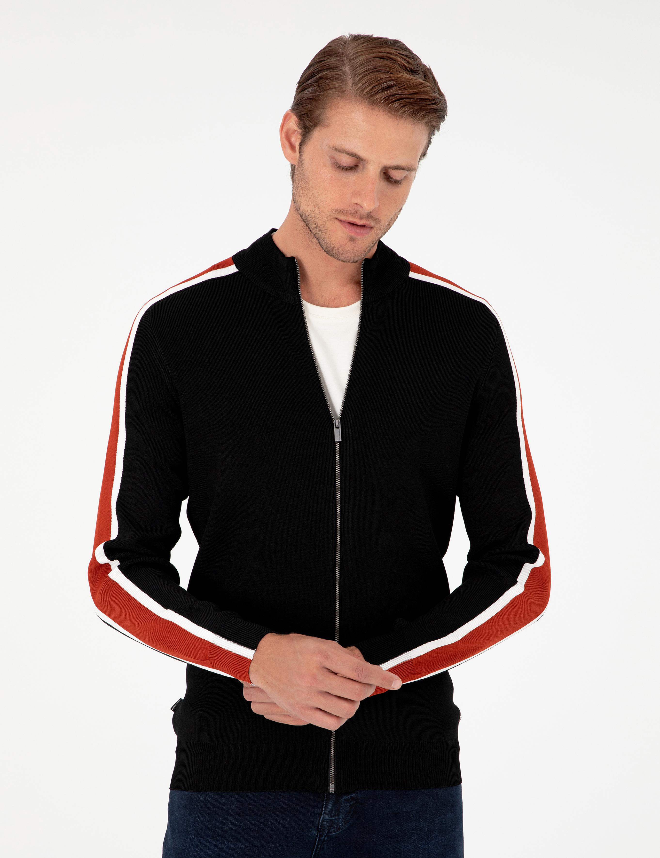 Siyah Slim Fit Yün Karışımlı Fermuarlı Triko Hırka