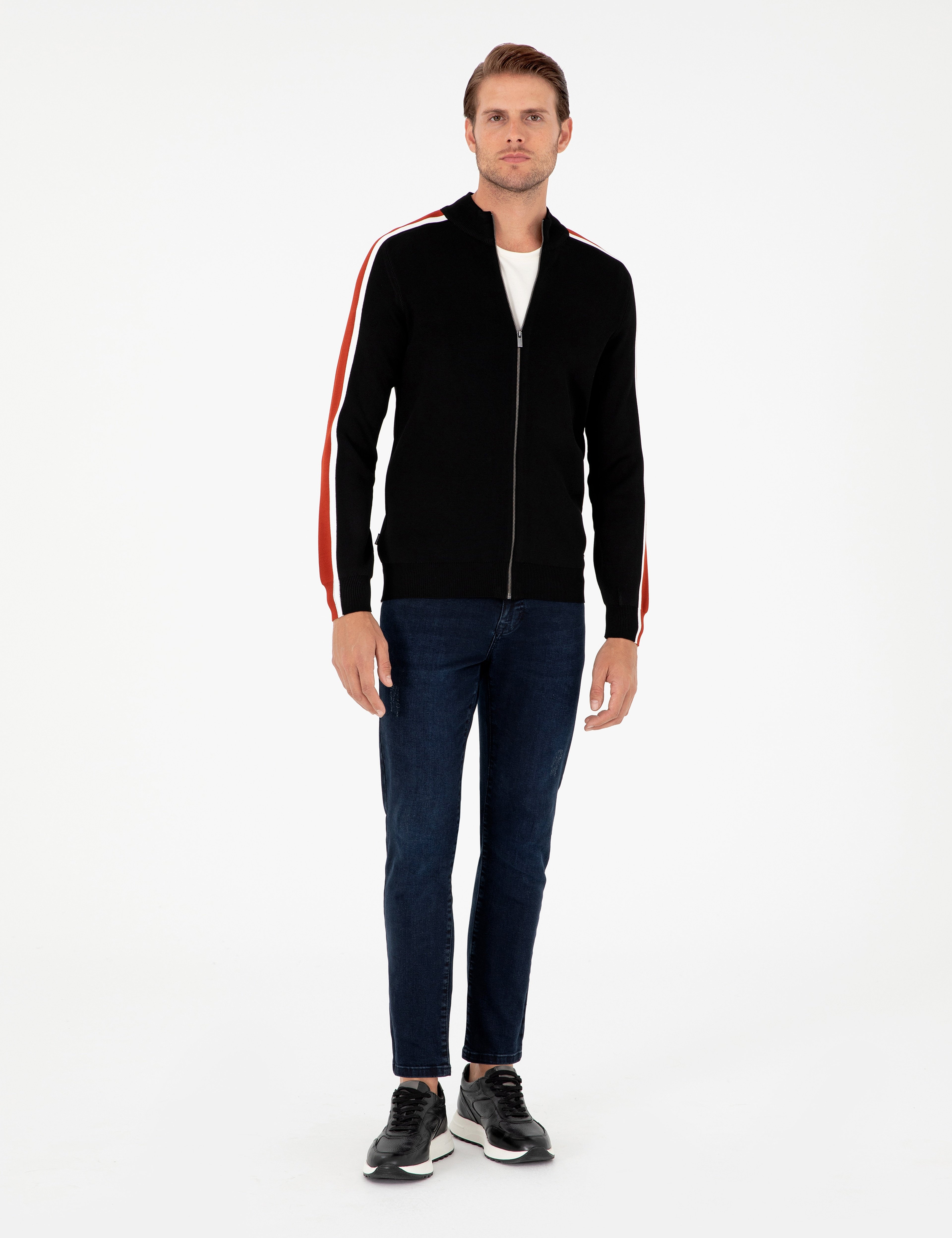 Siyah Slim Fit Yün Karışımlı Fermuarlı Triko Hırka - Image 4