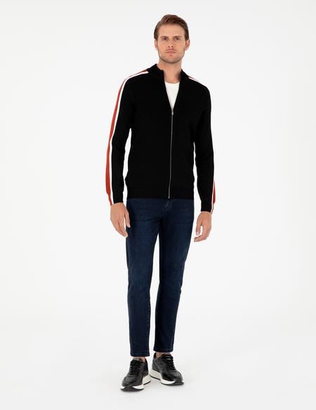 Siyah Slim Fit Yün Karışımlı Fermuarlı Triko Hırka - 50296447017