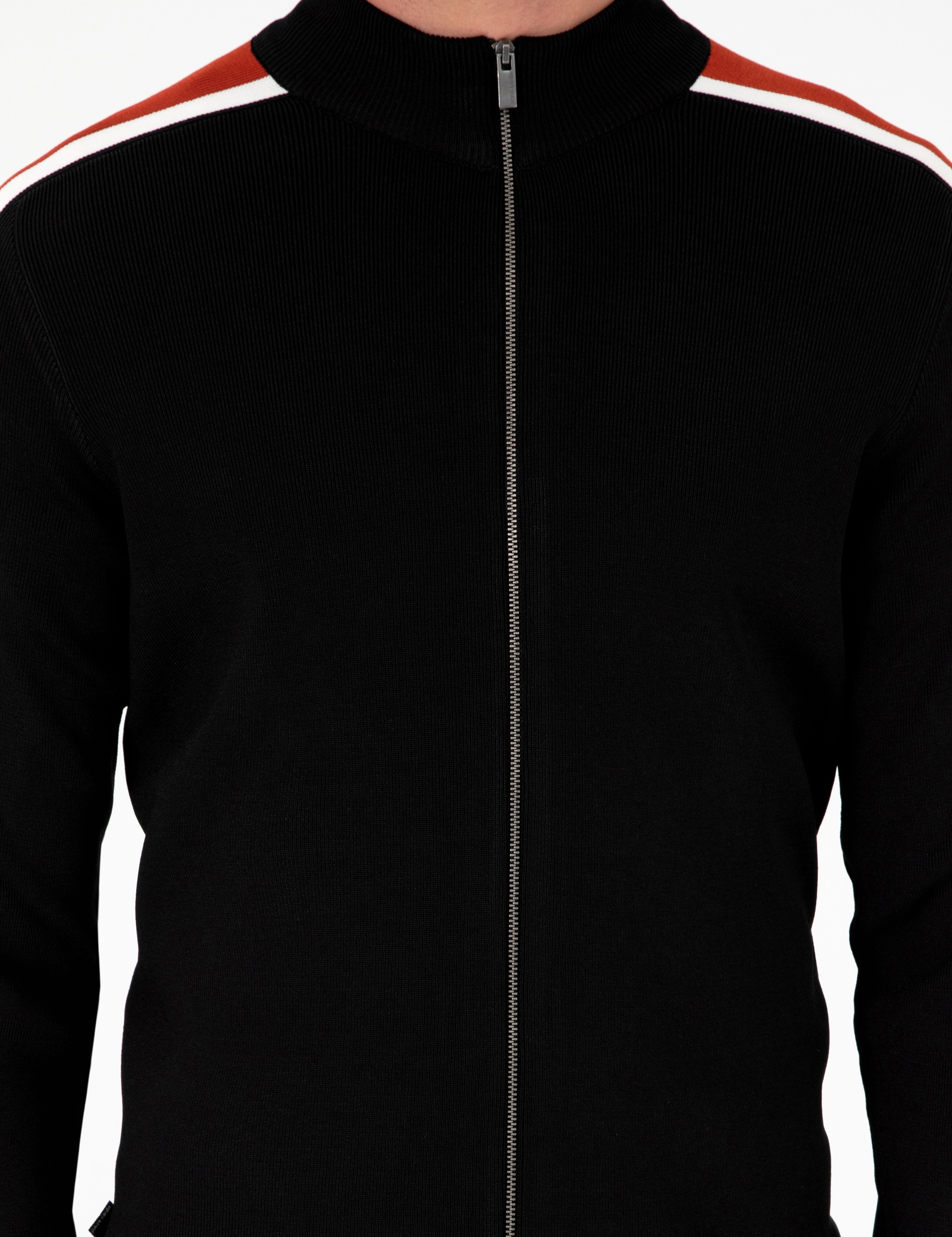 Siyah Slim Fit Yün Karışımlı Fermuarlı Triko Hırka - Image 6