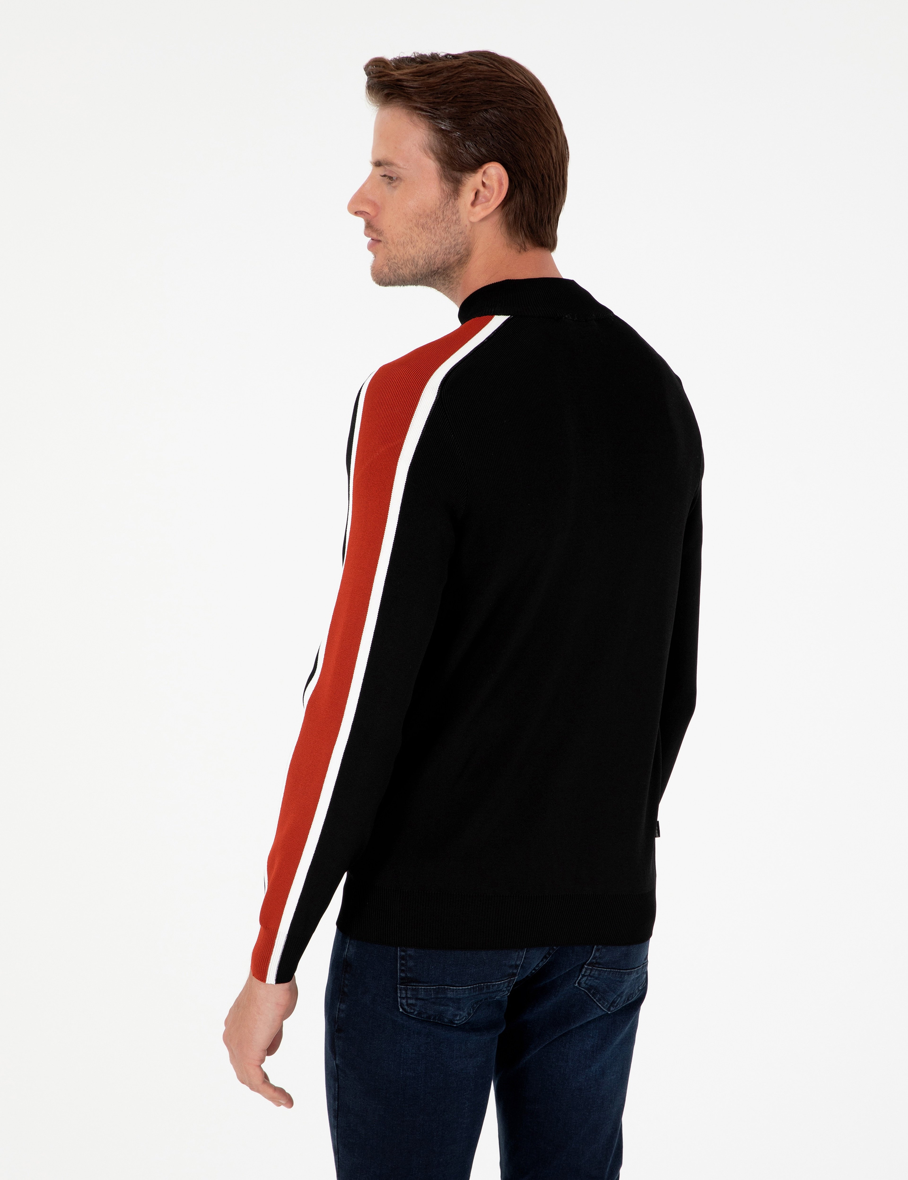 Siyah Slim Fit Yün Karışımlı Fermuarlı Triko Hırka - Image 5