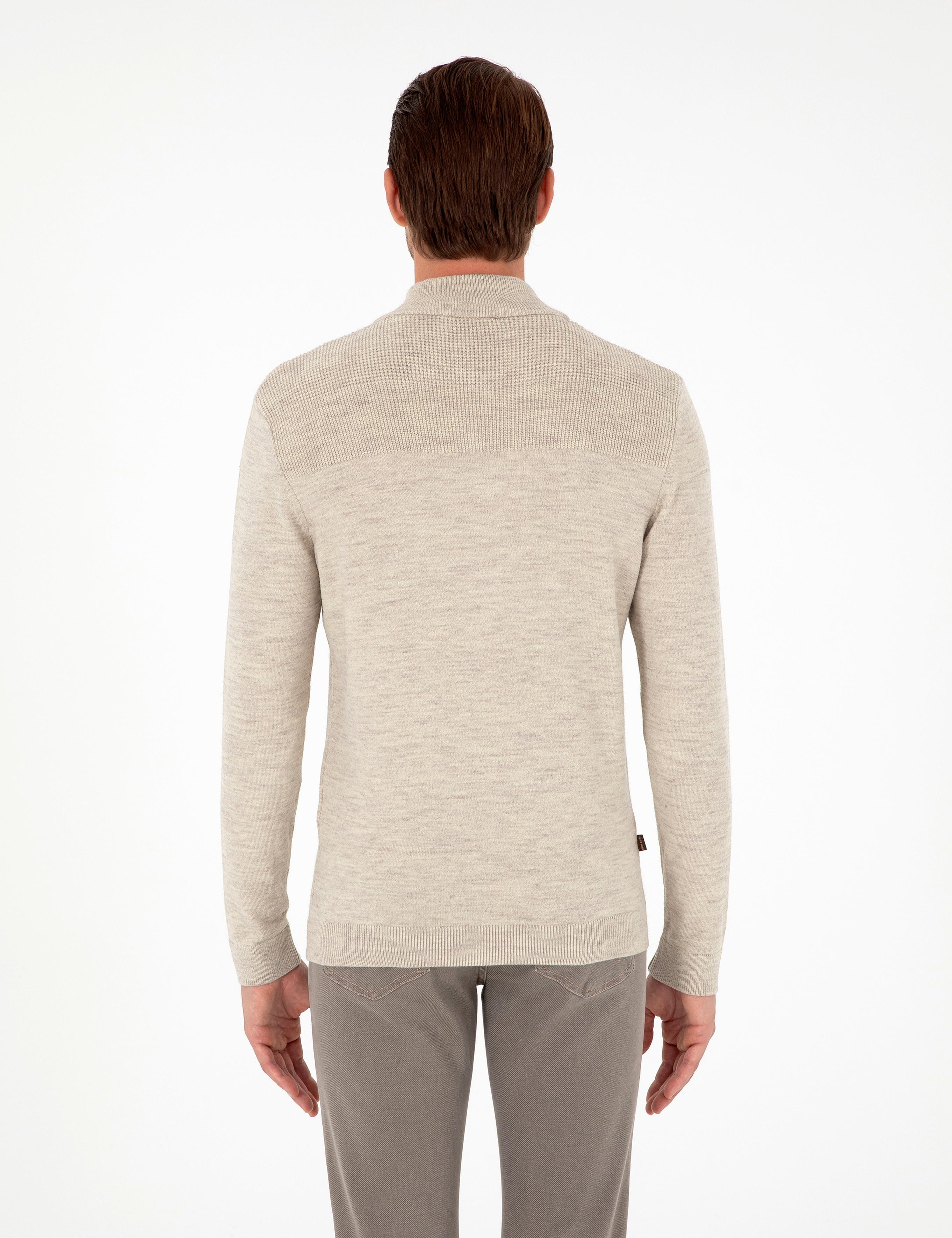 Kum Melanj Slim Fit Fermuarlı Dik Yaka Triko Kazak