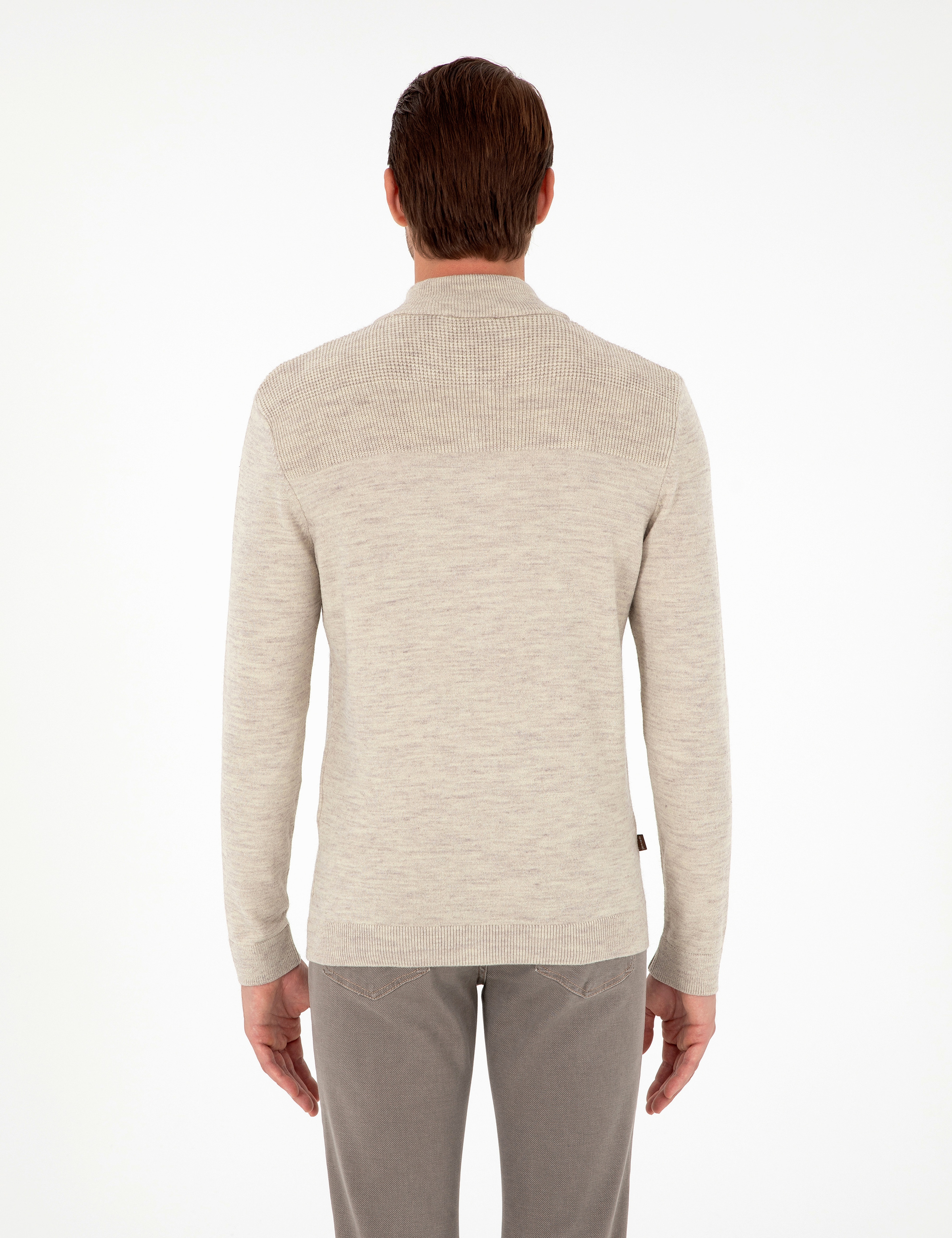 Kum Melanj Slim Fit Fermuarlı Dik Yaka Triko Kazak