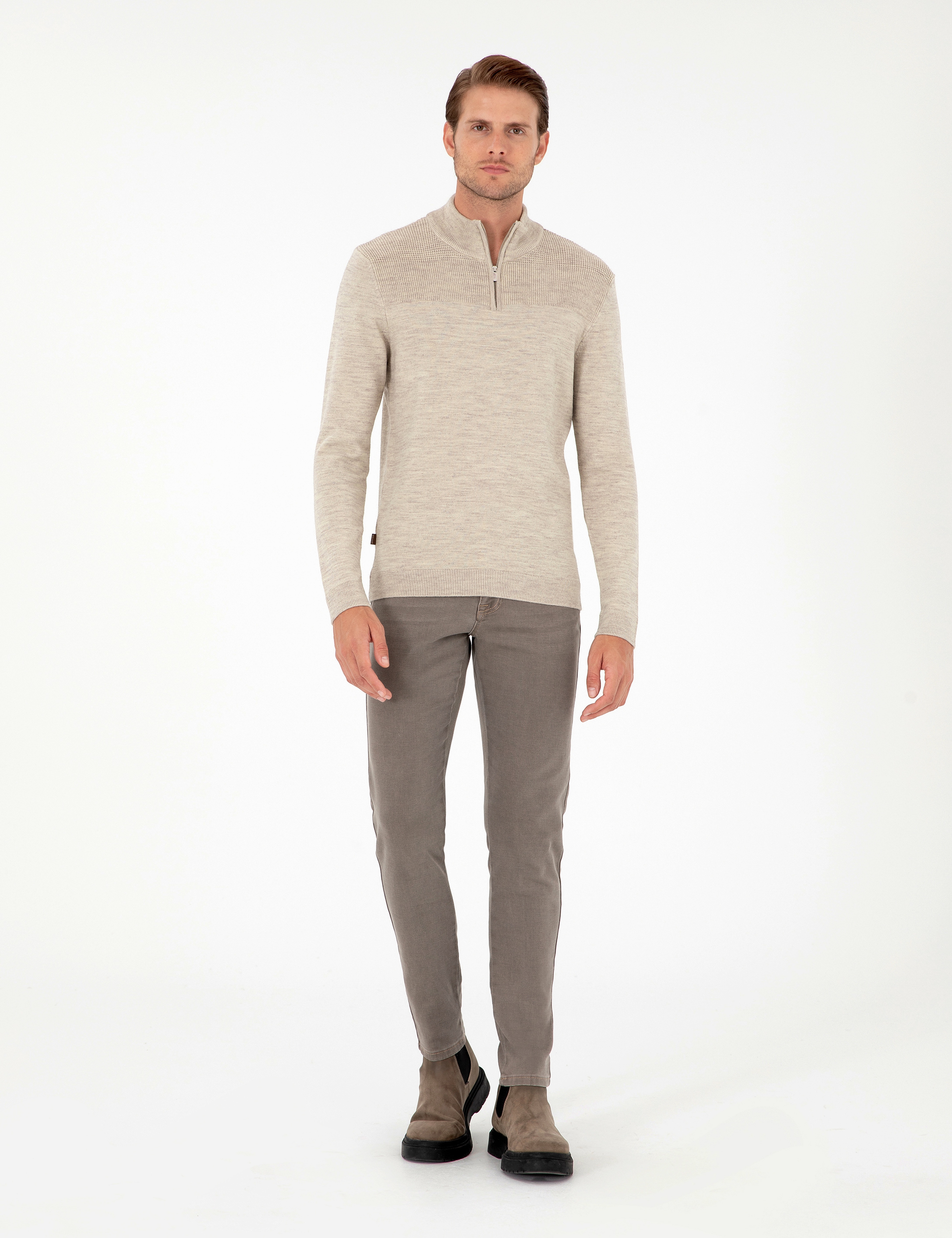 Kum Melanj Slim Fit Fermuarlı Dik Yaka Triko Kazak - Image 4