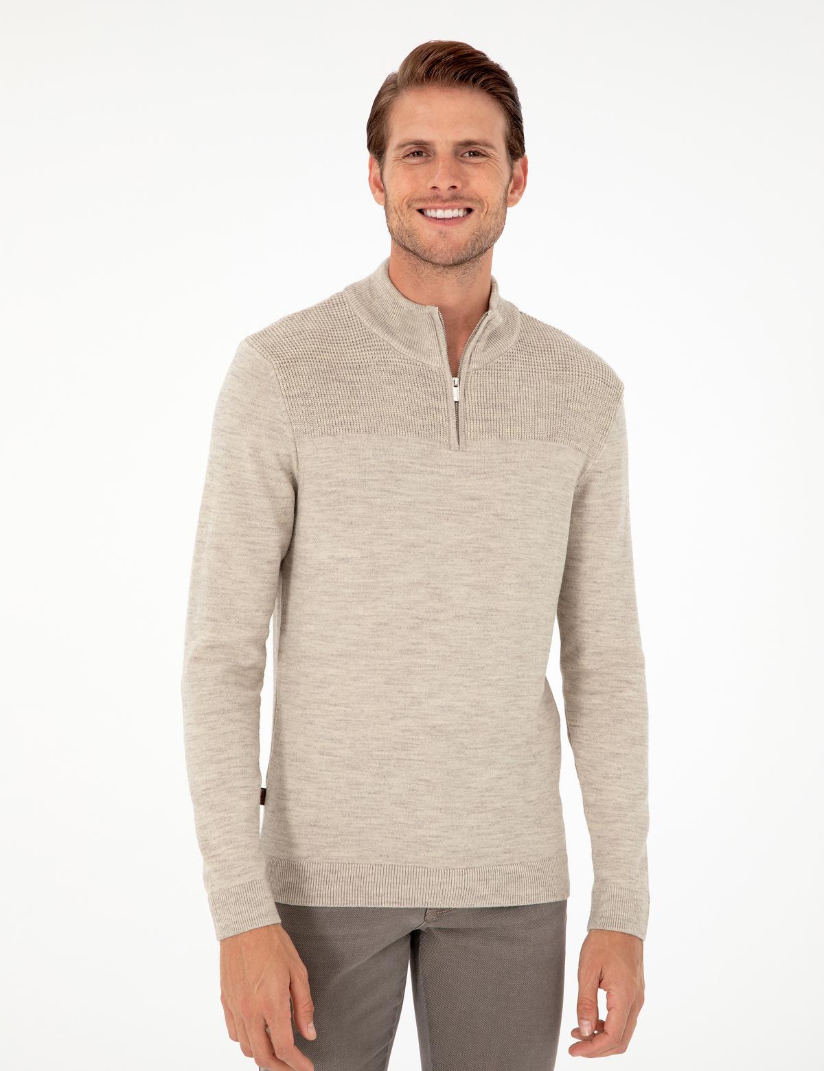 Kum Melanj Slim Fit Fermuarlı Dik Yaka Triko Kazak - 50300532017