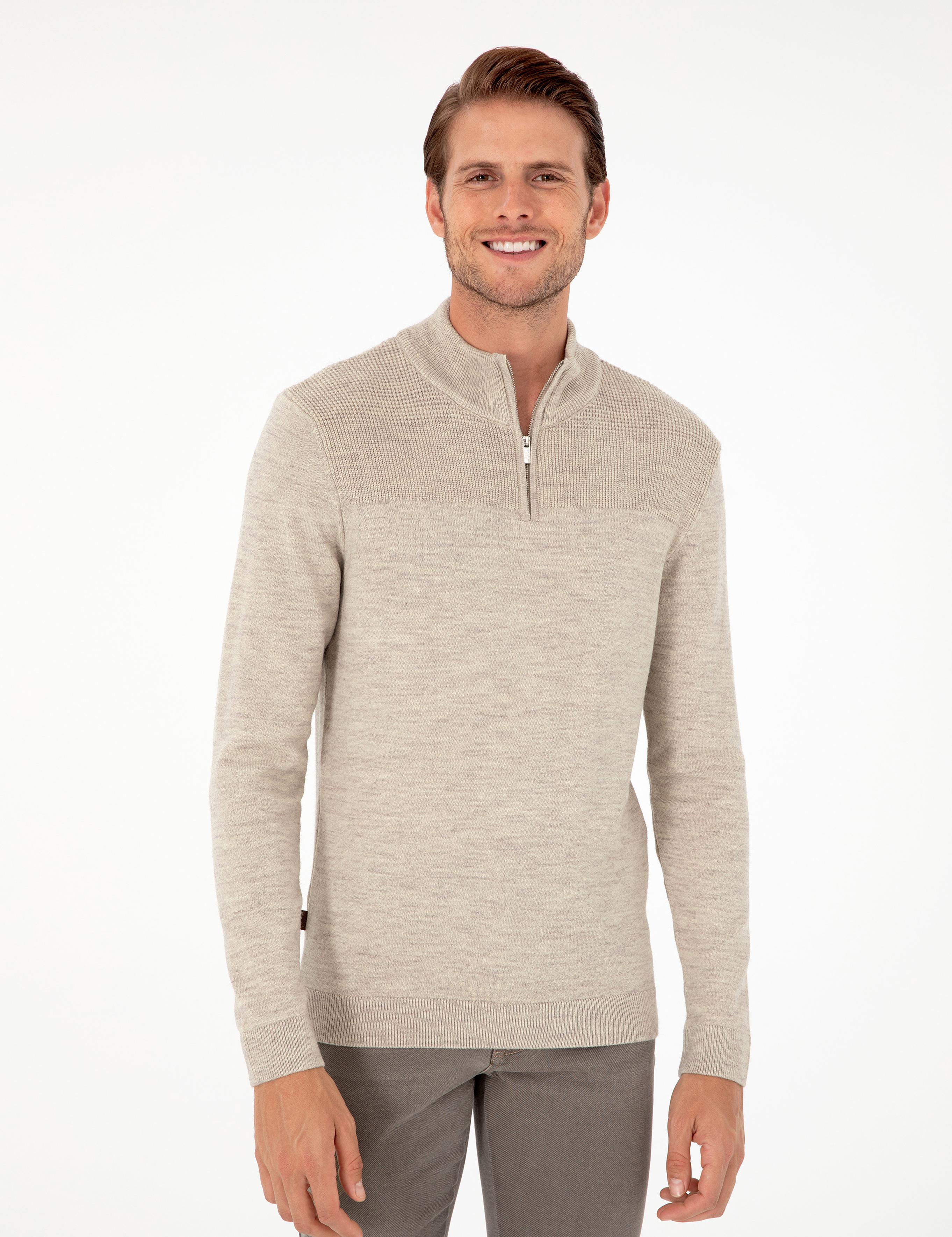 Kum Melanj Slim Fit Fermuarlı Dik Yaka Triko Kazak