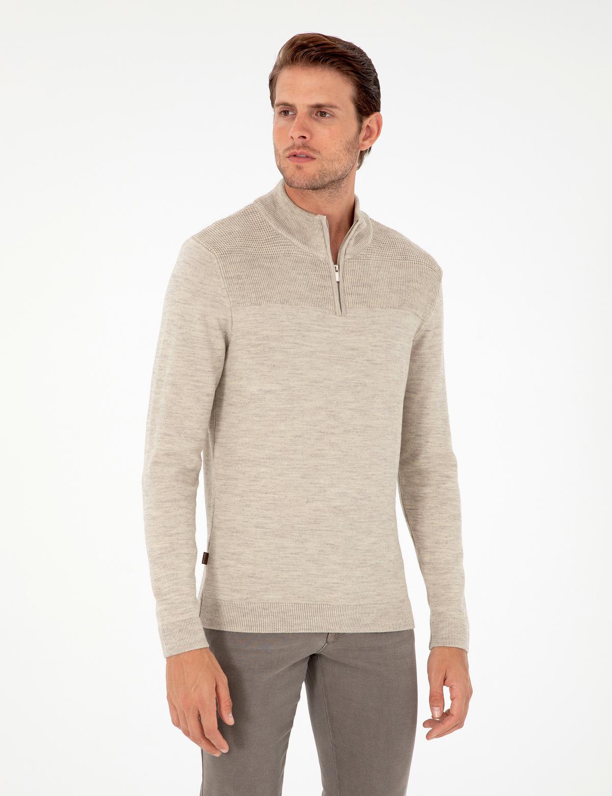 Kum Melanj Slim Fit Fermuarlı Dik Yaka Triko Kazak