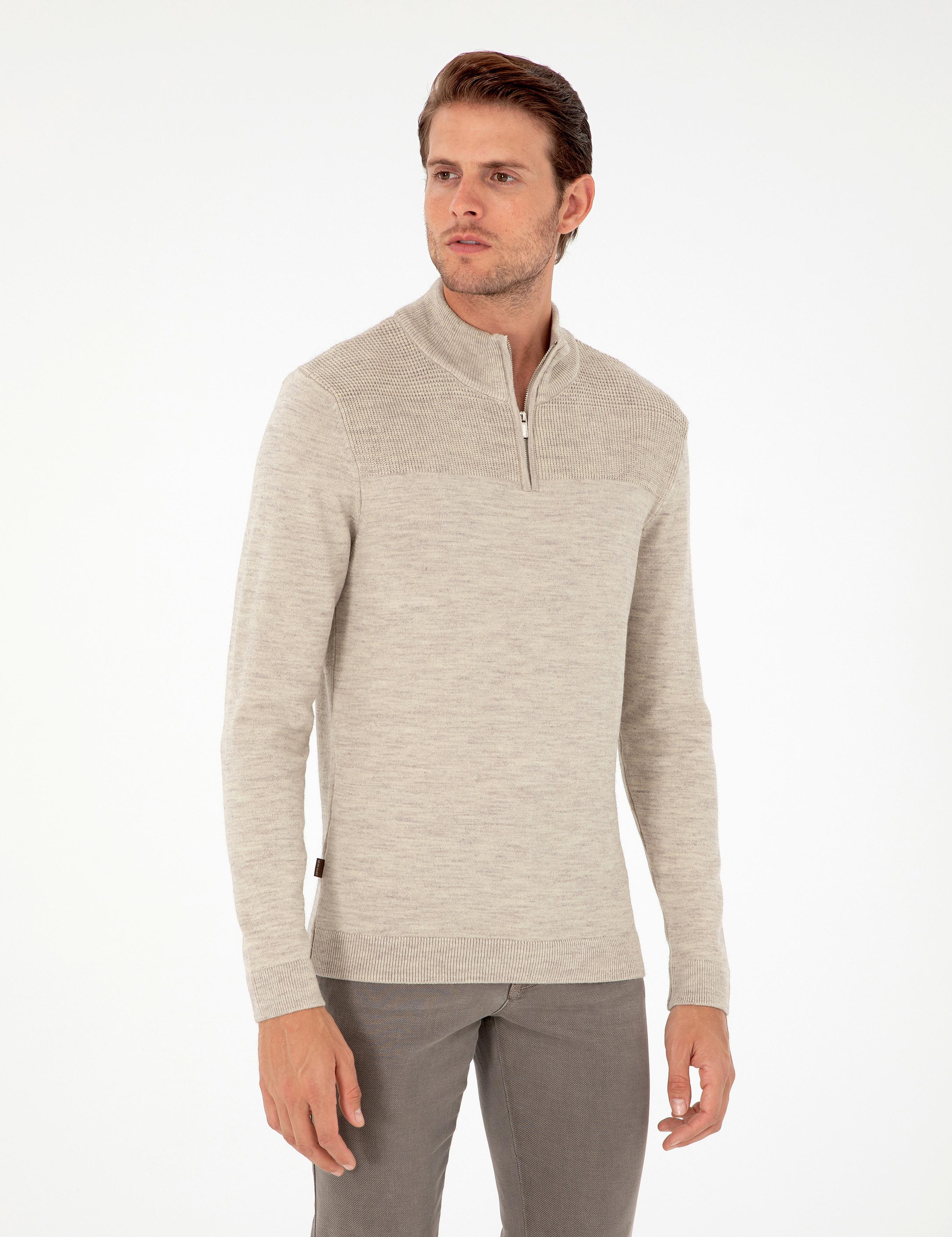 Kum Melanj Slim Fit Fermuarlı Dik Yaka Triko Kazak