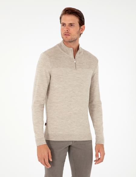 Kum Melanj Slim Fit Fermuarlı Dik Yaka Triko Kazak - 50300532017