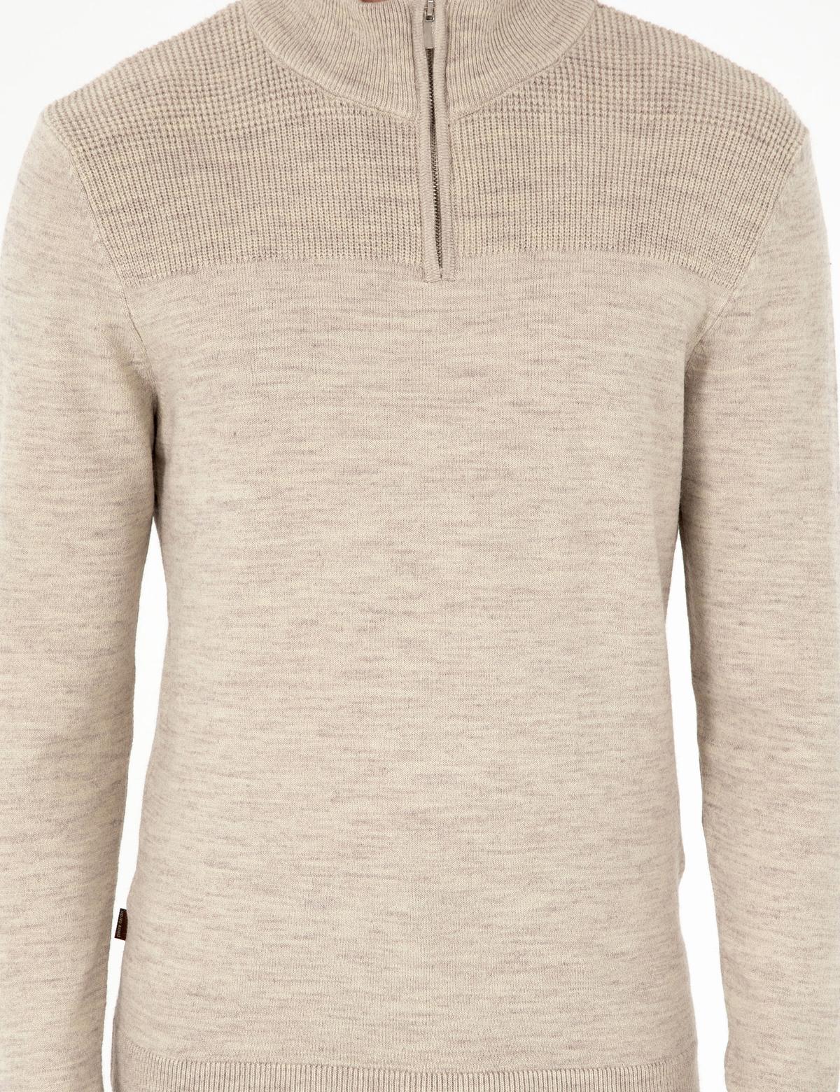 Kum Melanj Slim Fit Fermuarlı Dik Yaka Triko Kazak - 50300532017